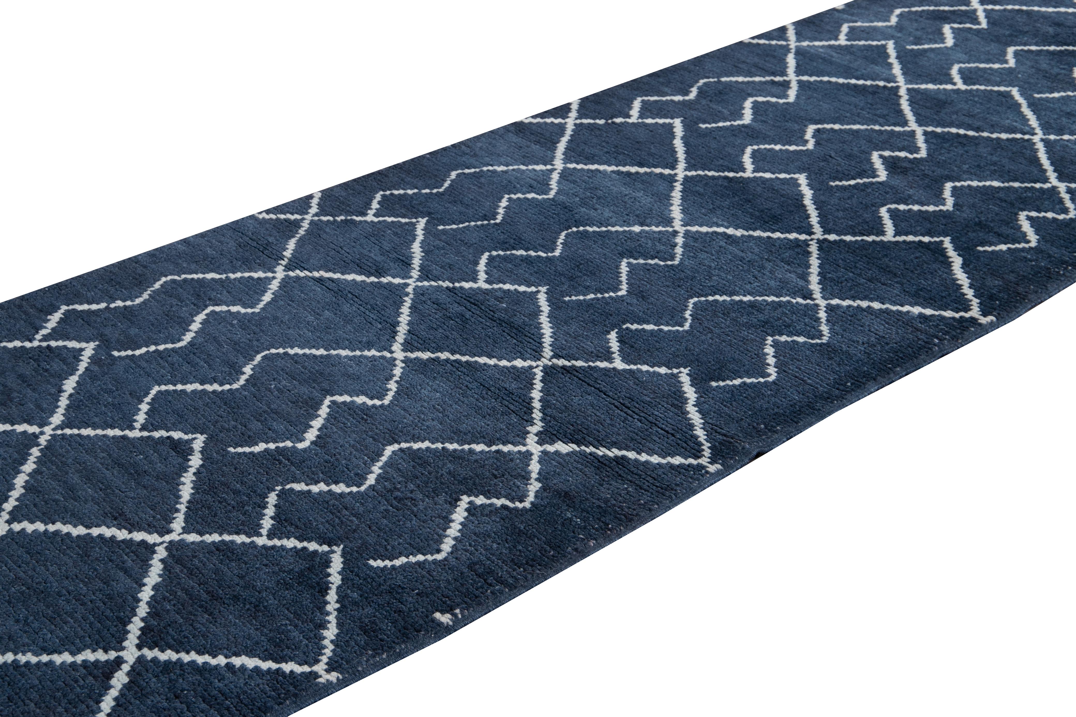 Modern Moroccan Style Handmade Navy-Blue Wool Runner For Sale 3