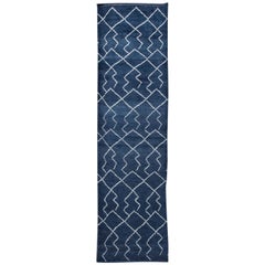 Modern Moroccan Style Handmade Navy-Blue Wool Runner