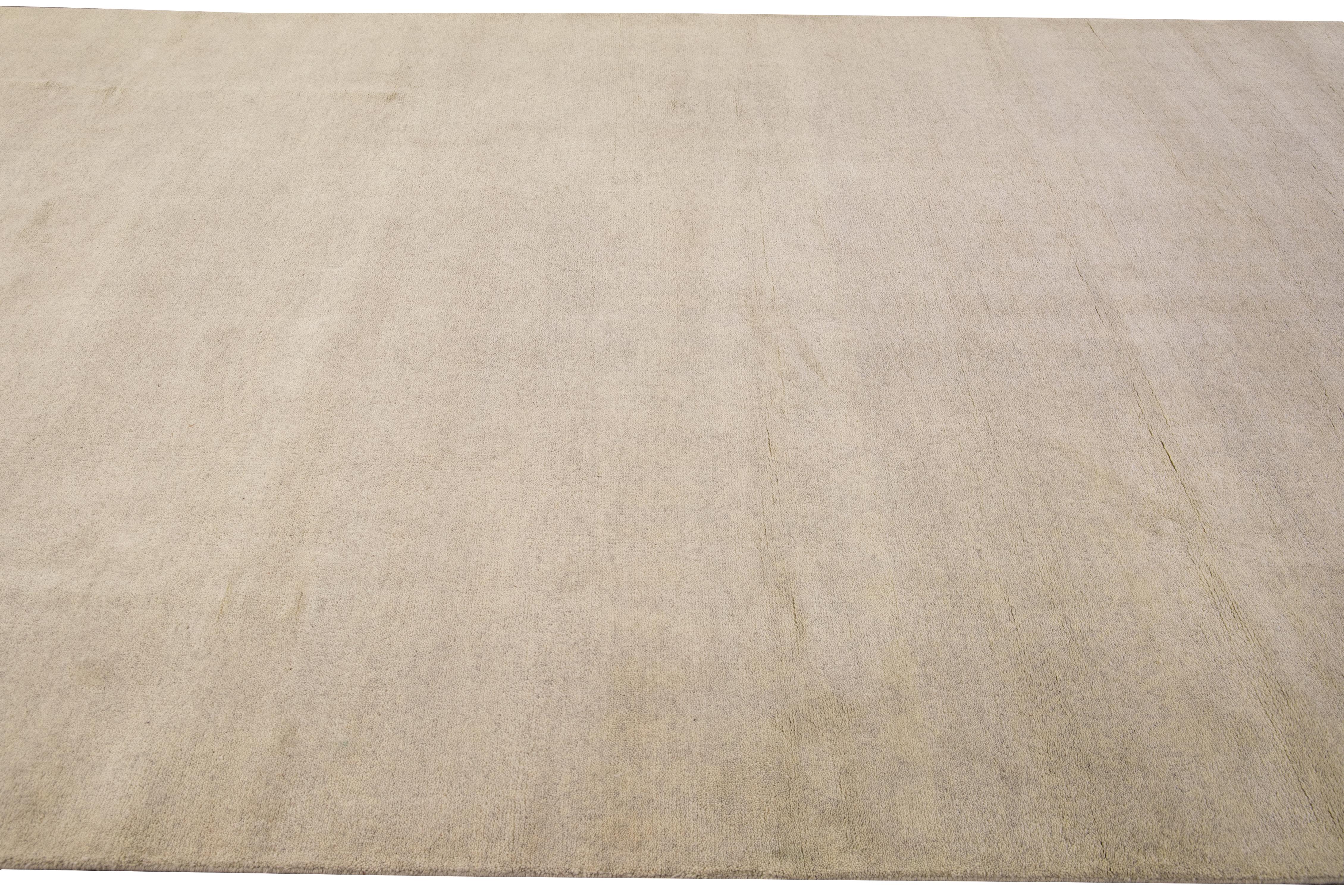 Modern Moroccan Style Handmade Solid Beige Wool Rug In New Condition For Sale In Norwalk, CT