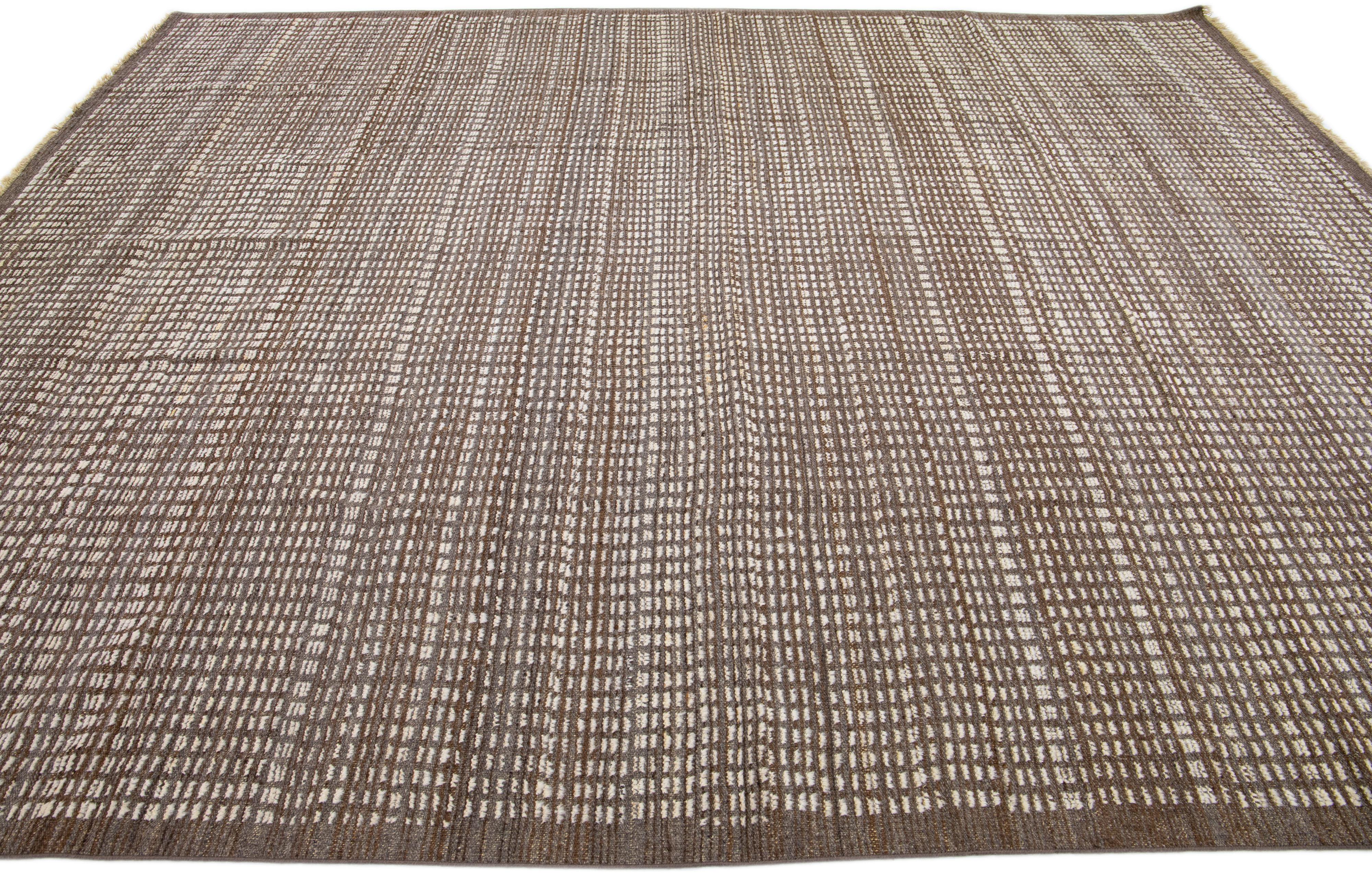Contemporary Modern Moroccan Style Handmade Solid Brown Wool Rug For Sale