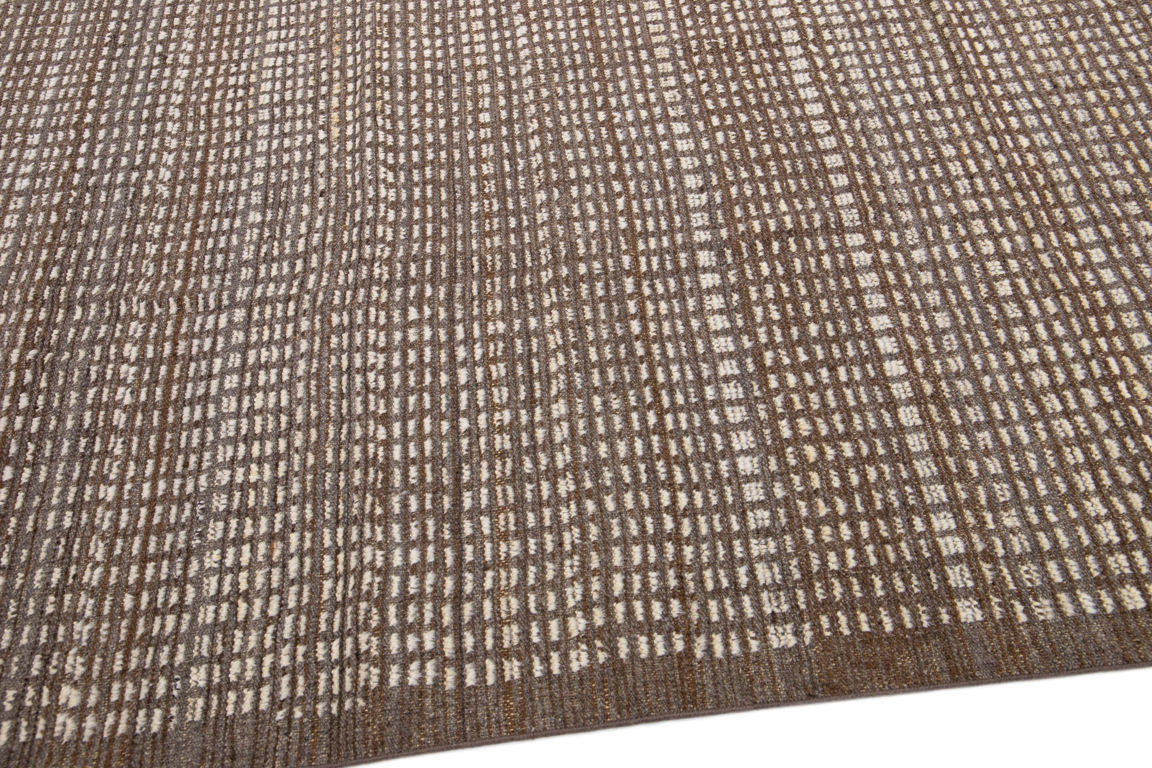 Modern Moroccan Style Handmade Solid Brown Wool Rug For Sale 1