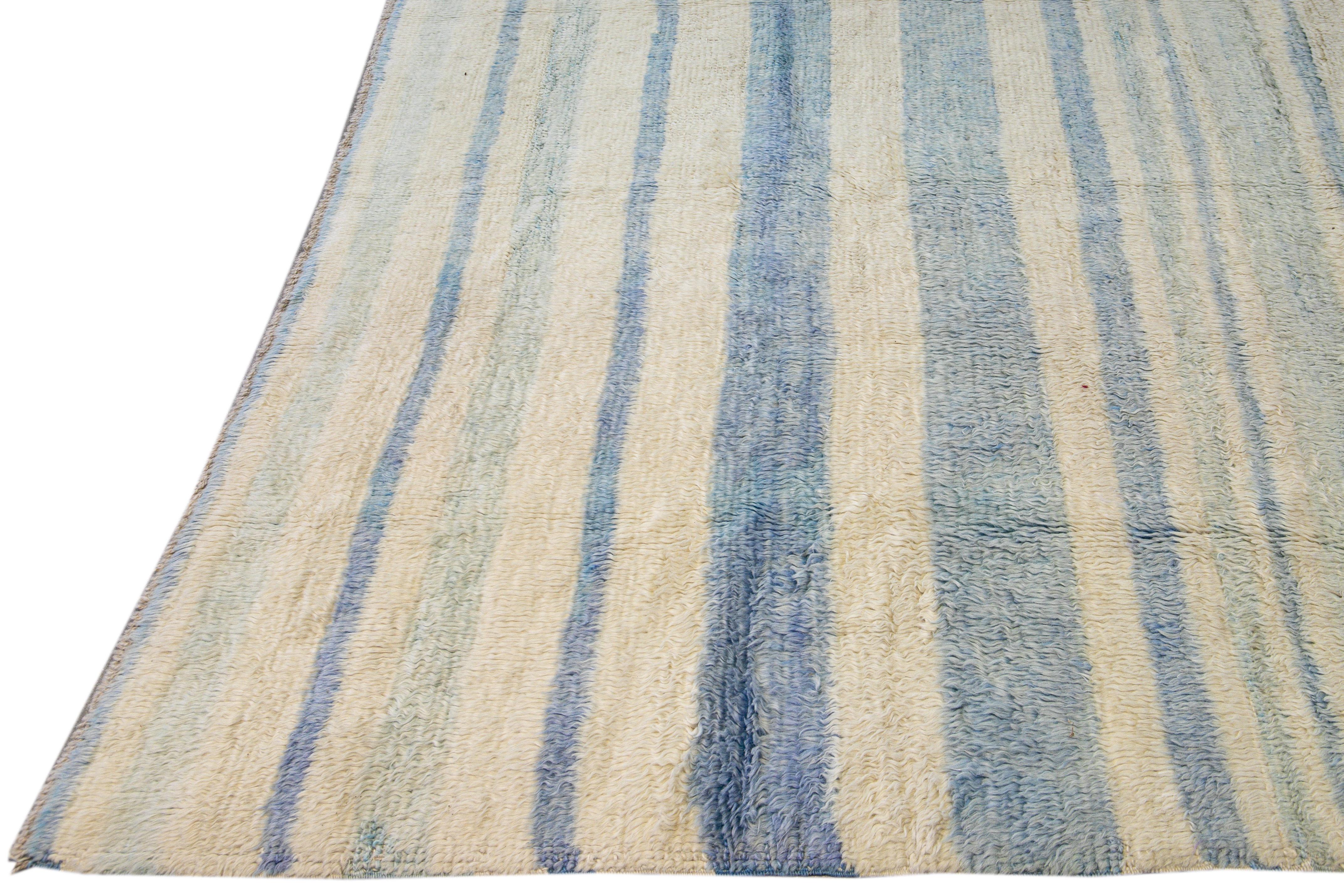 Bohemian Modern Moroccan Style Handmade Stripe Pattern Ivory and Blue Wool Rug For Sale
