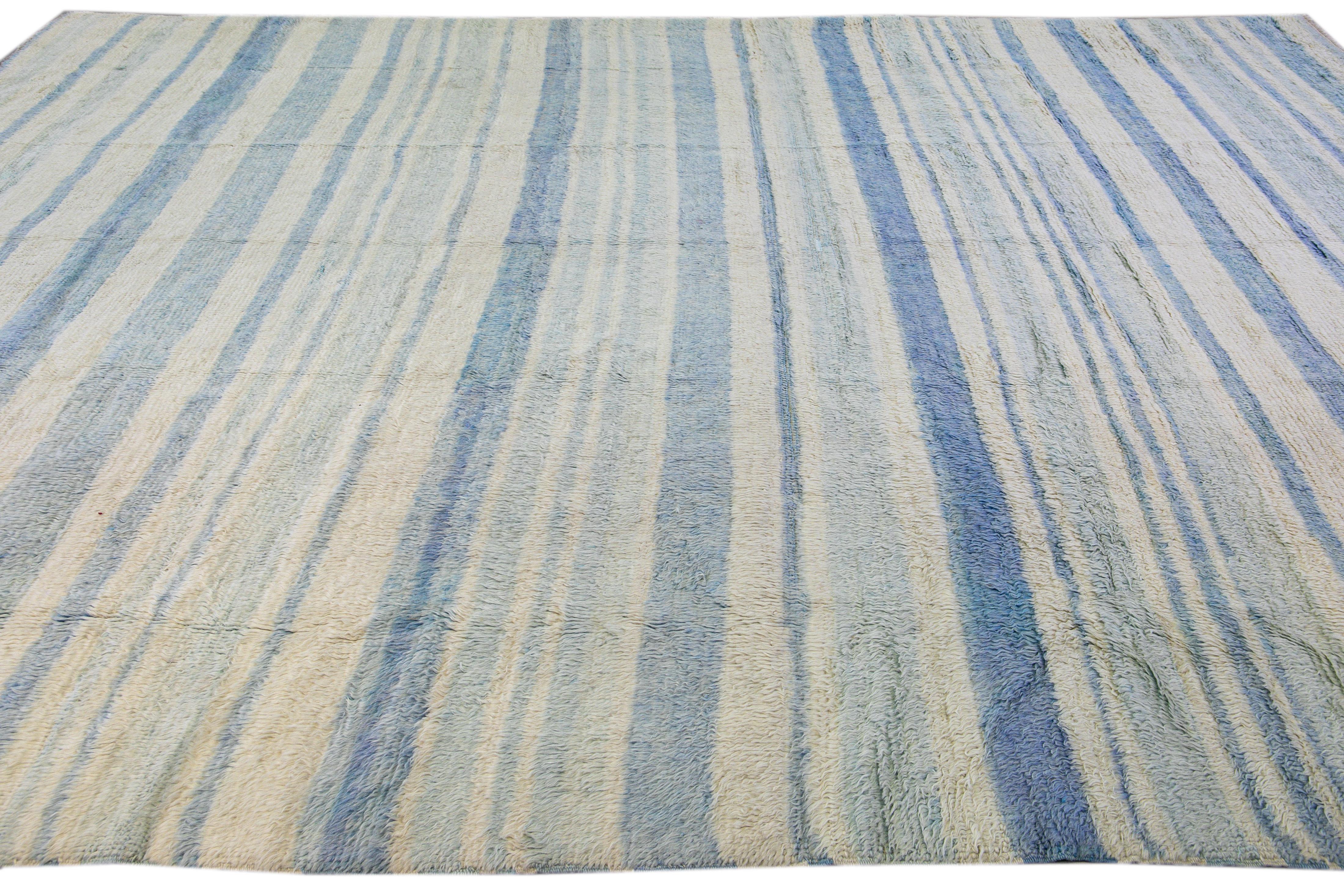 Afghan Modern Moroccan Style Handmade Stripe Pattern Ivory and Blue Wool Rug For Sale