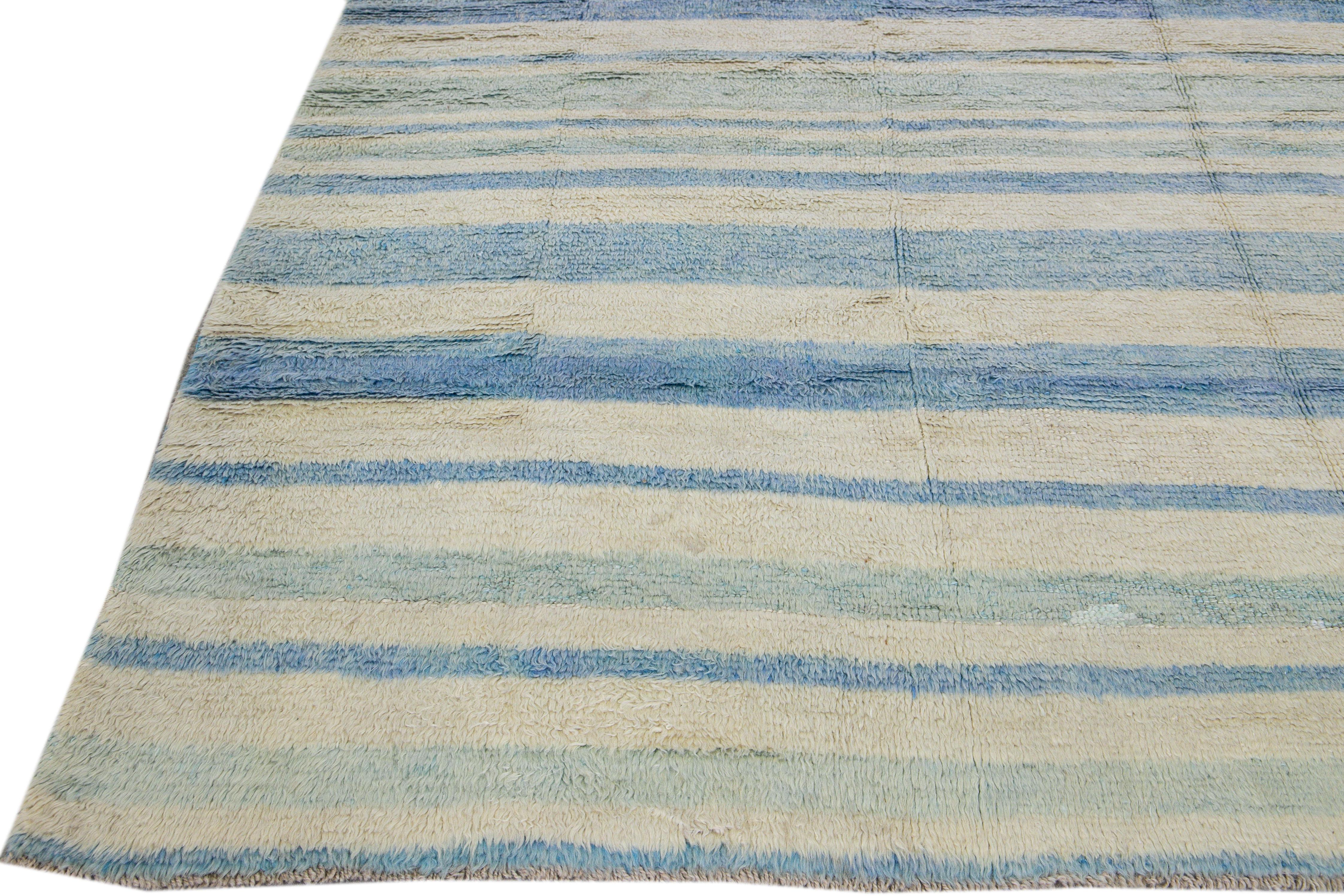 Hand-Knotted Modern Moroccan Style Handmade Stripe Pattern Ivory and Blue Wool Rug For Sale