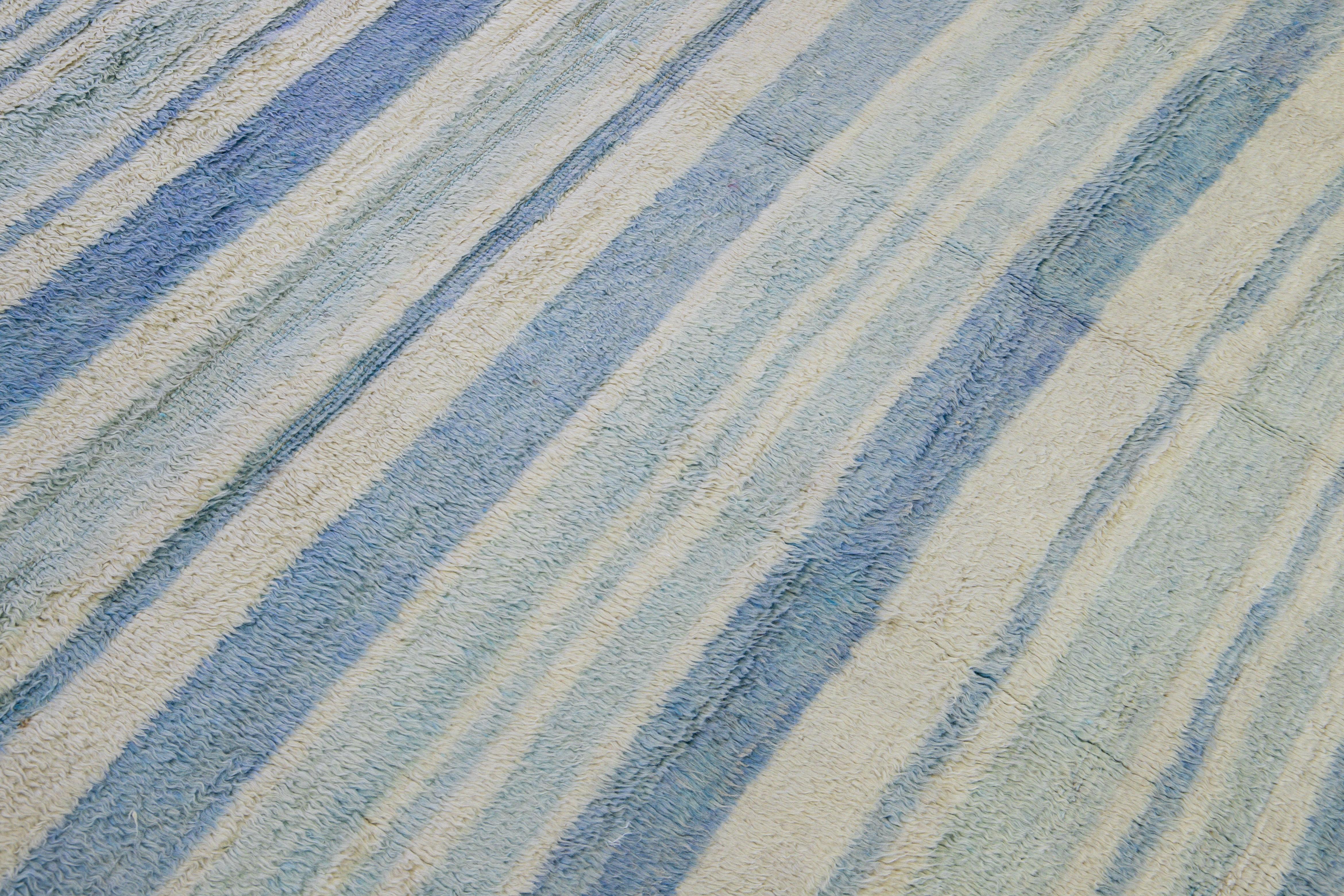 Modern Moroccan Style Handmade Stripe Pattern Ivory and Blue Wool Rug In New Condition For Sale In Norwalk, CT