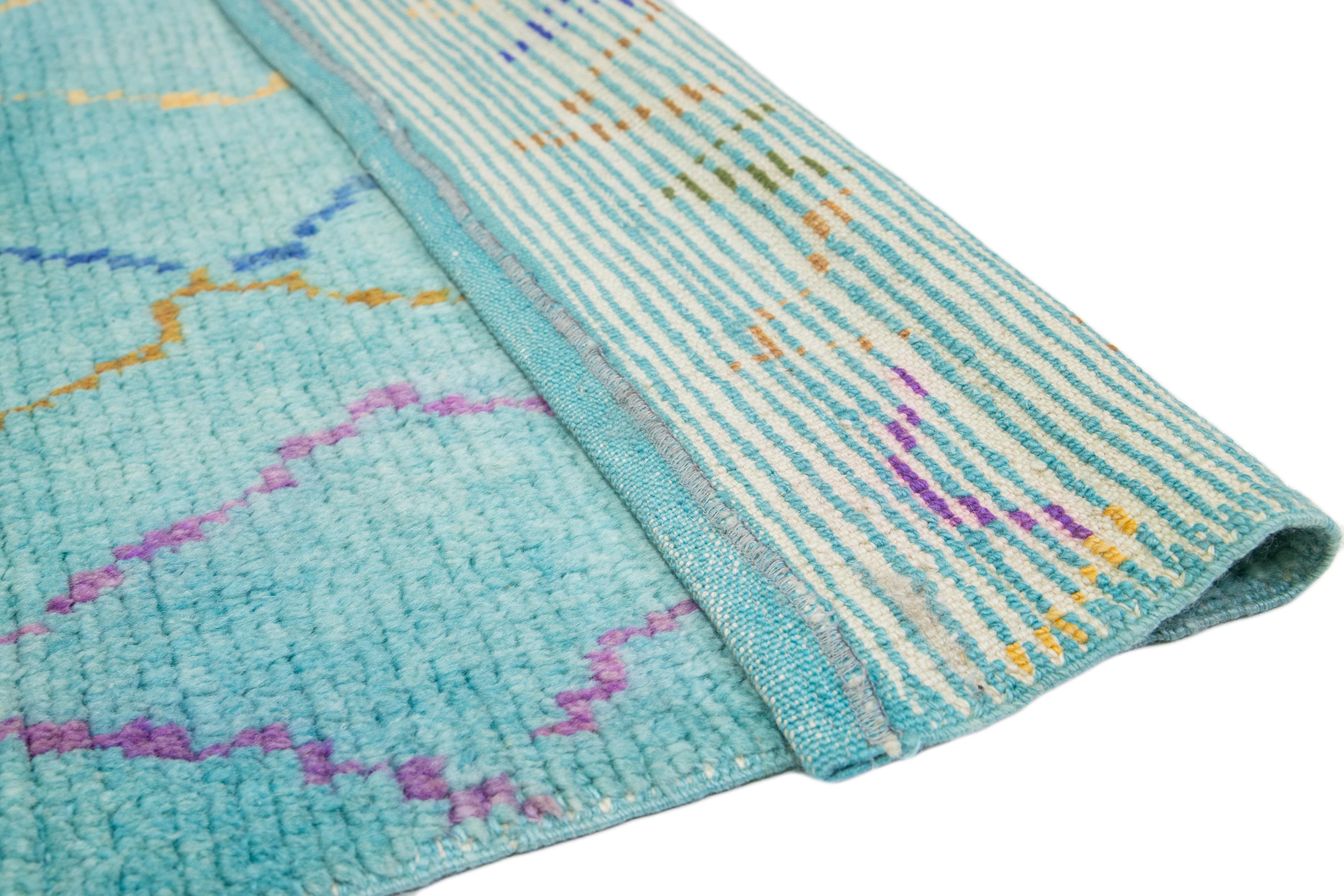 Hand-Knotted Modern Moroccan Style Handmade Teal Wool Runner with Tribal Design For Sale
