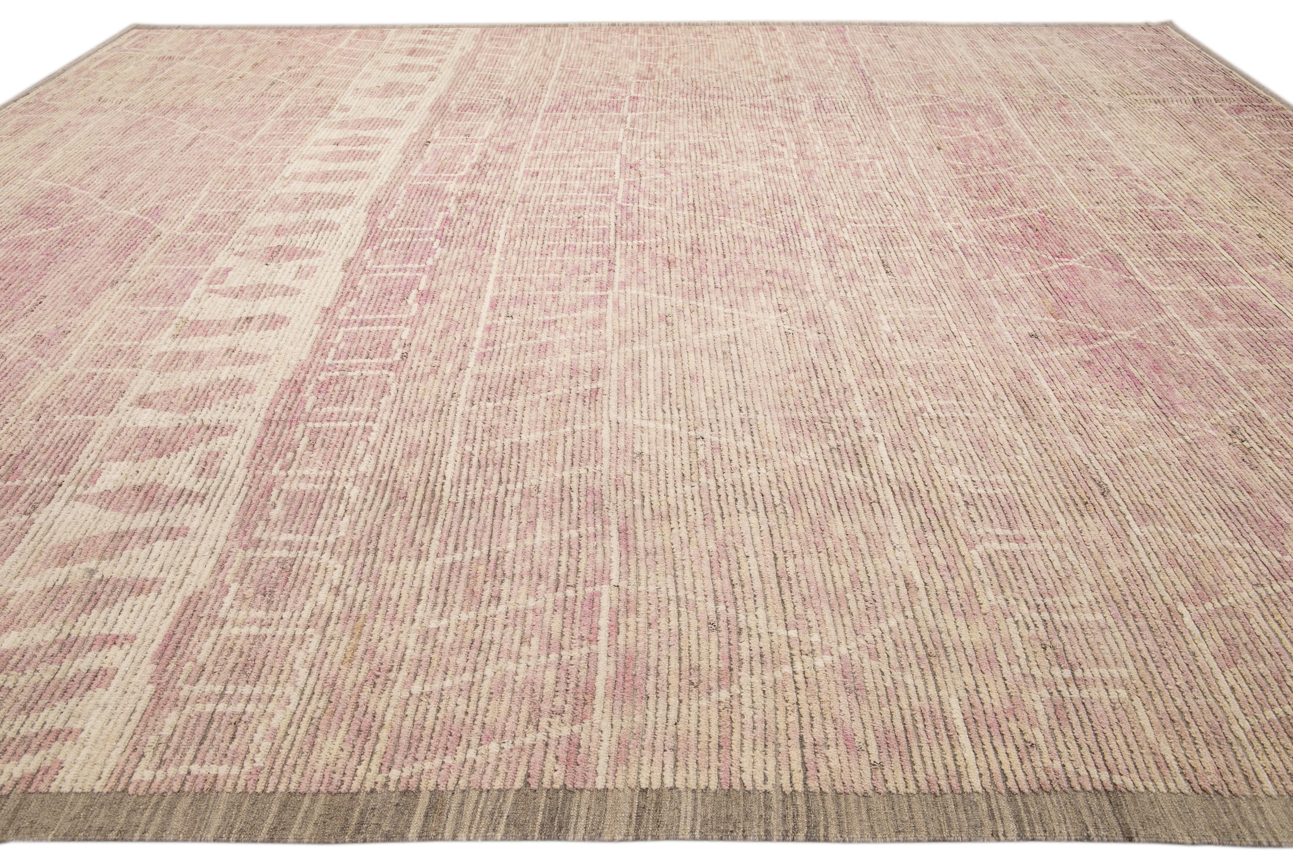 Hand-Knotted Modern Moroccan Style Handmade Tribal Beige and Pink Oversize Boho Wool Rug For Sale