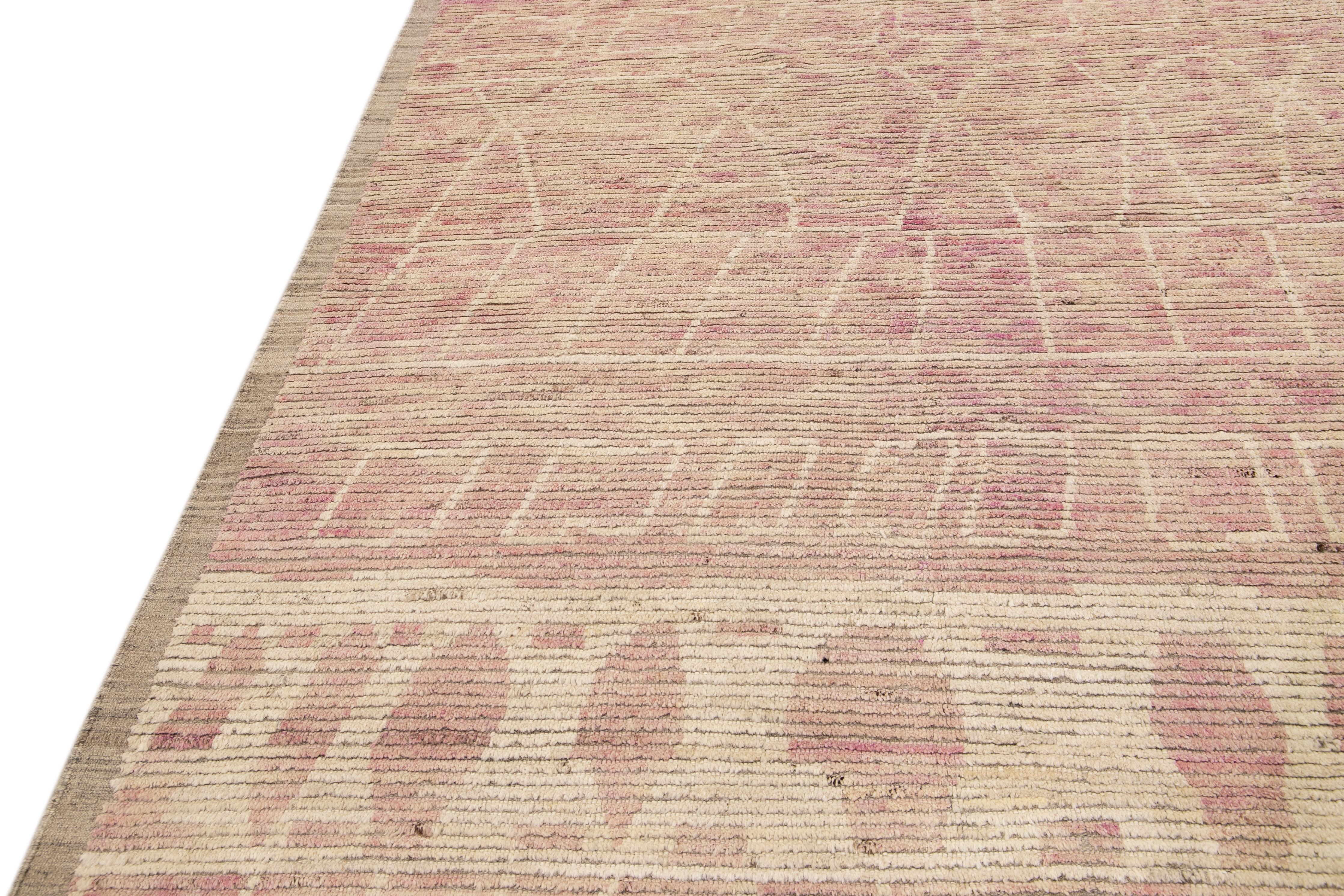 Contemporary Modern Moroccan Style Handmade Tribal Beige and Pink Oversize Boho Wool Rug For Sale