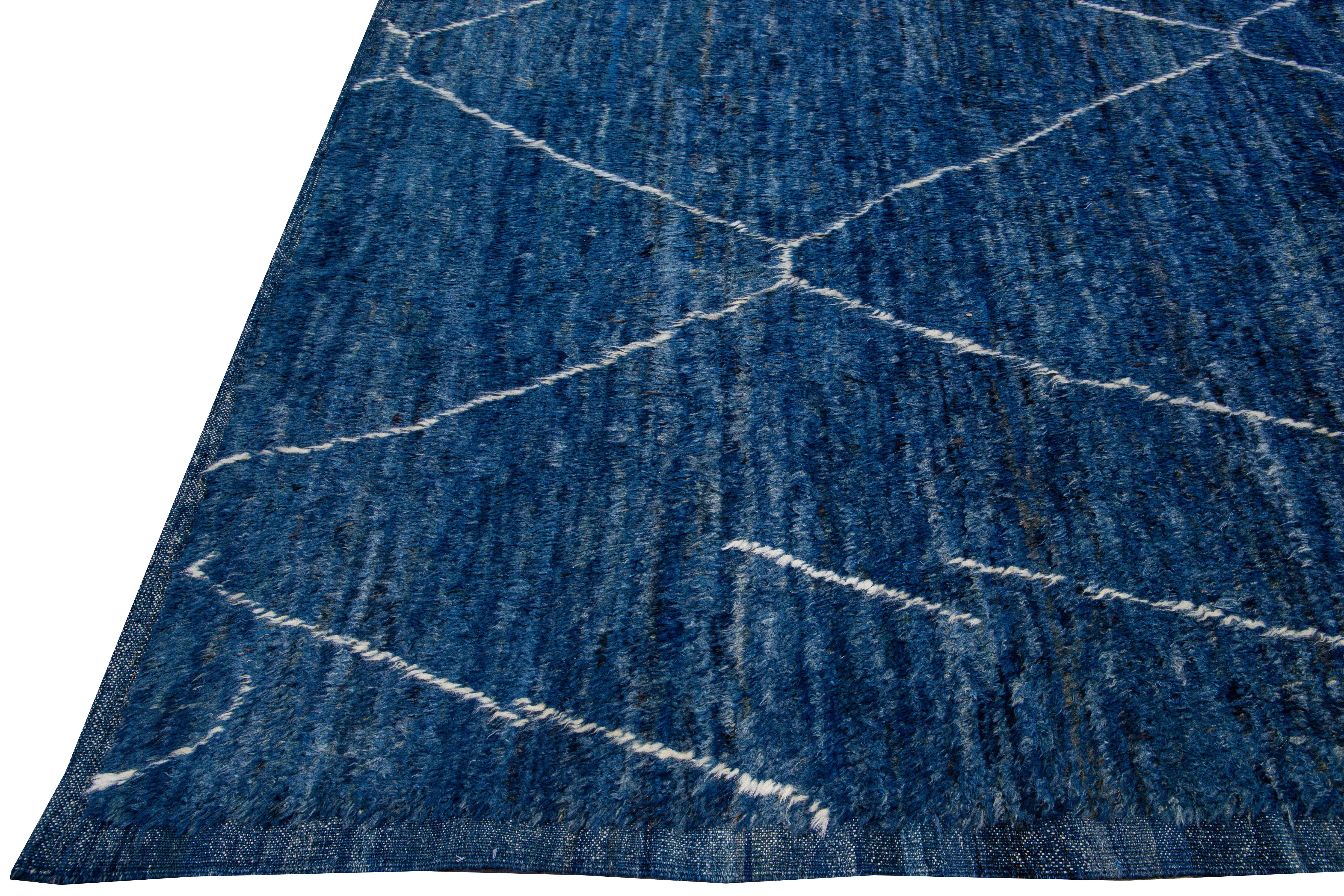 Hand-Knotted Modern Moroccan Style Handmade Tribal Blue Wool Rug
