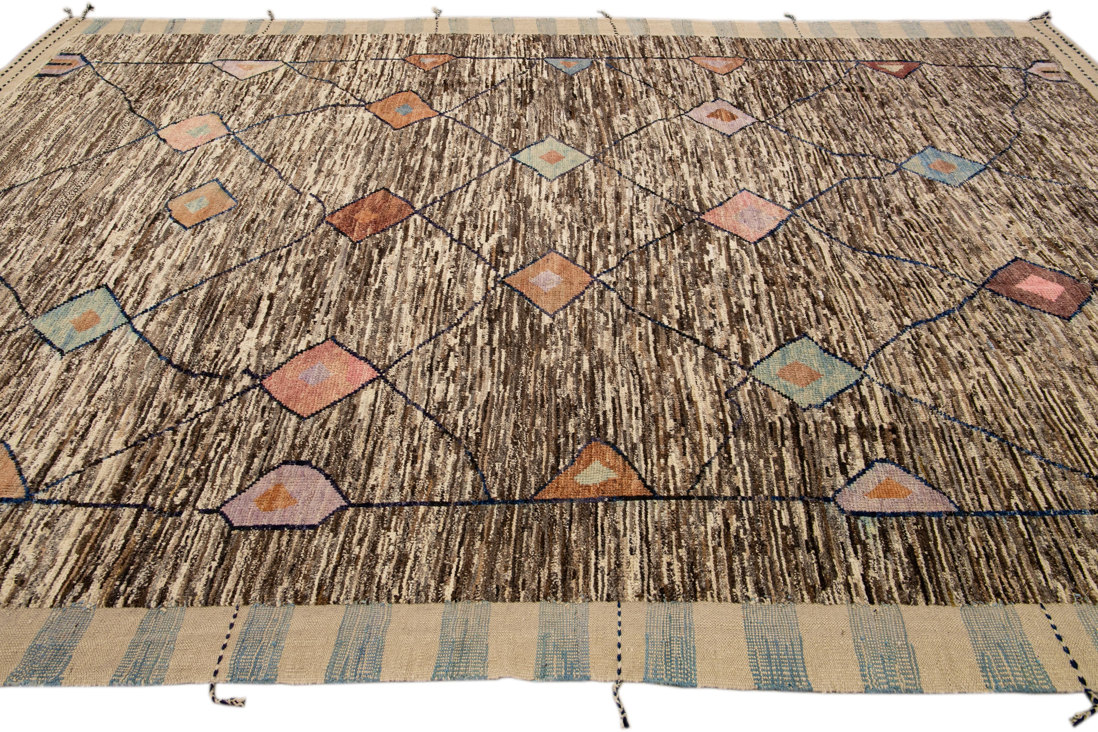 Hand-Knotted Modern Moroccan Style Handmade Tribal Boho Beige and Brown Wool Rug For Sale