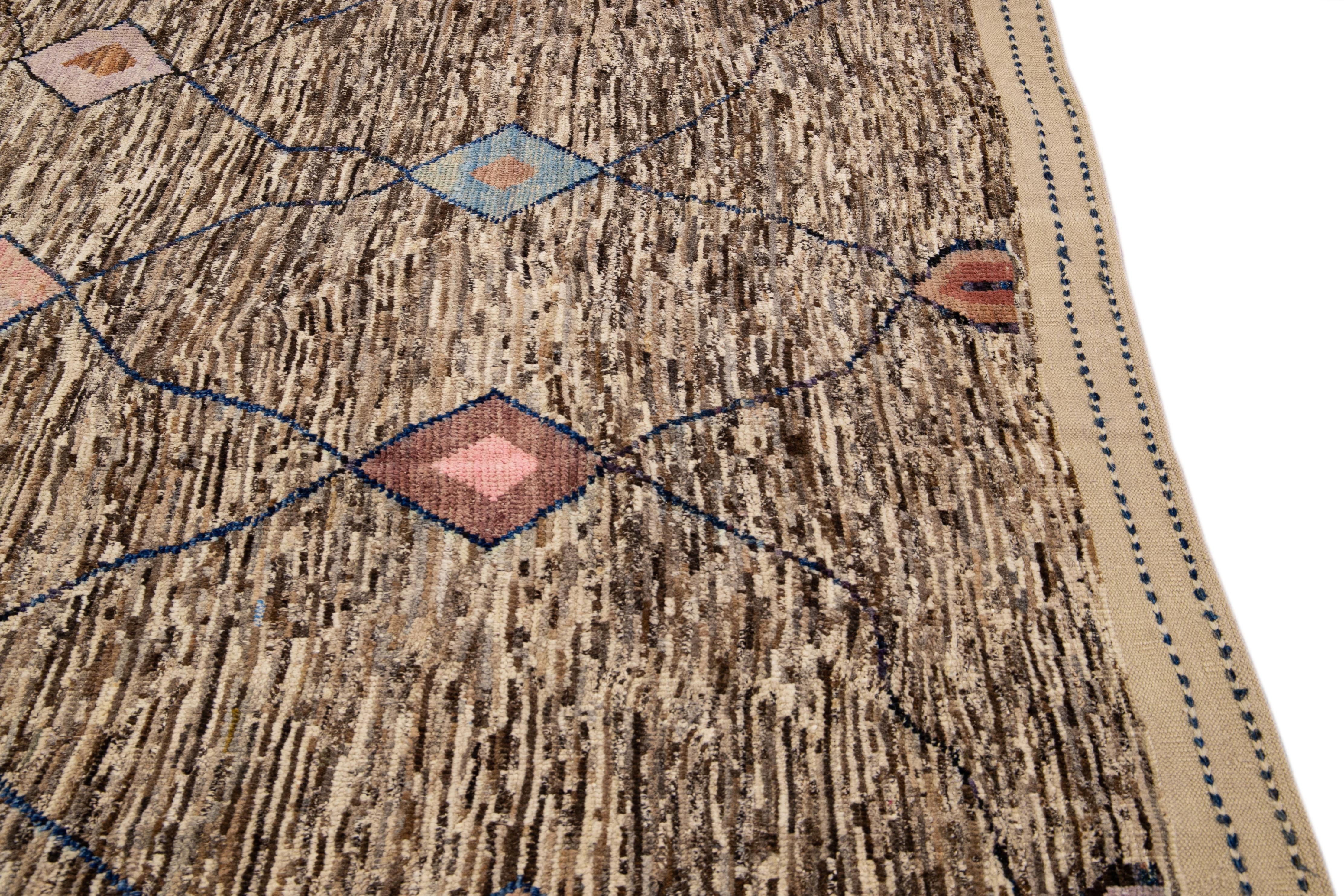 Contemporary Modern Moroccan Style Handmade Tribal Boho Beige and Brown Wool Rug For Sale