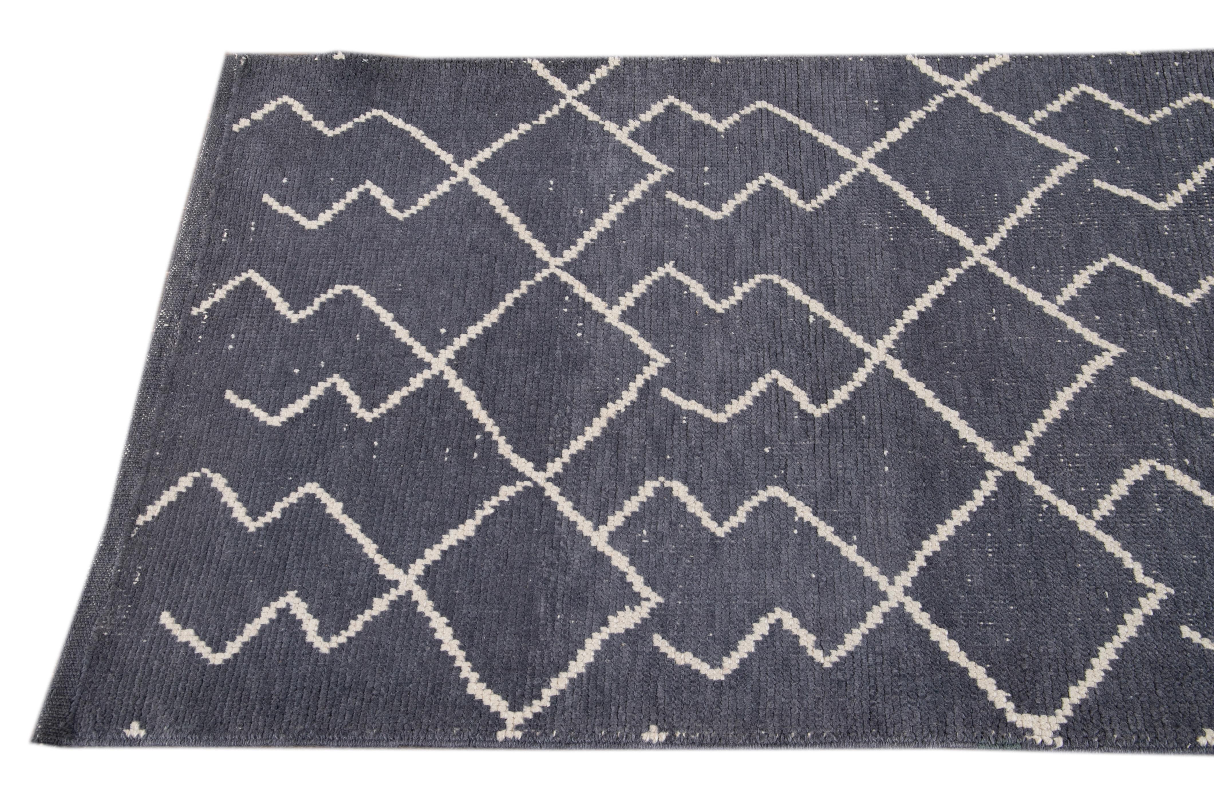 Hand-Knotted Modern Moroccan Style Handmade Tribal Wool Runner For Sale