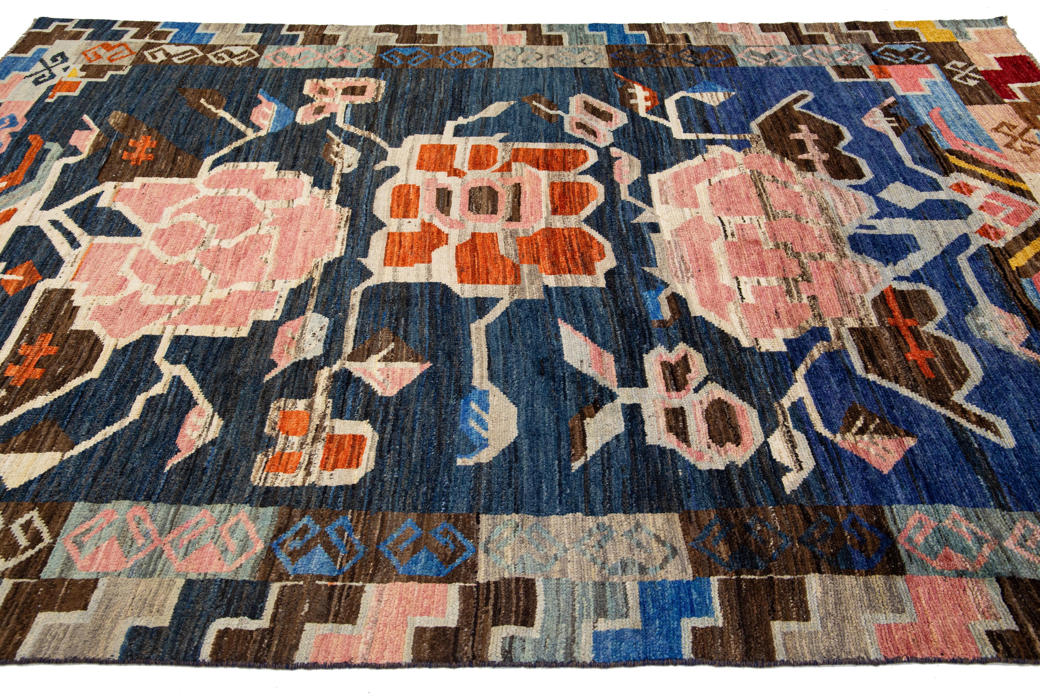 Hand-Knotted Modern Moroccan Style Handmade Wool Rug In Navy Blue With Tribal Pattern For Sale