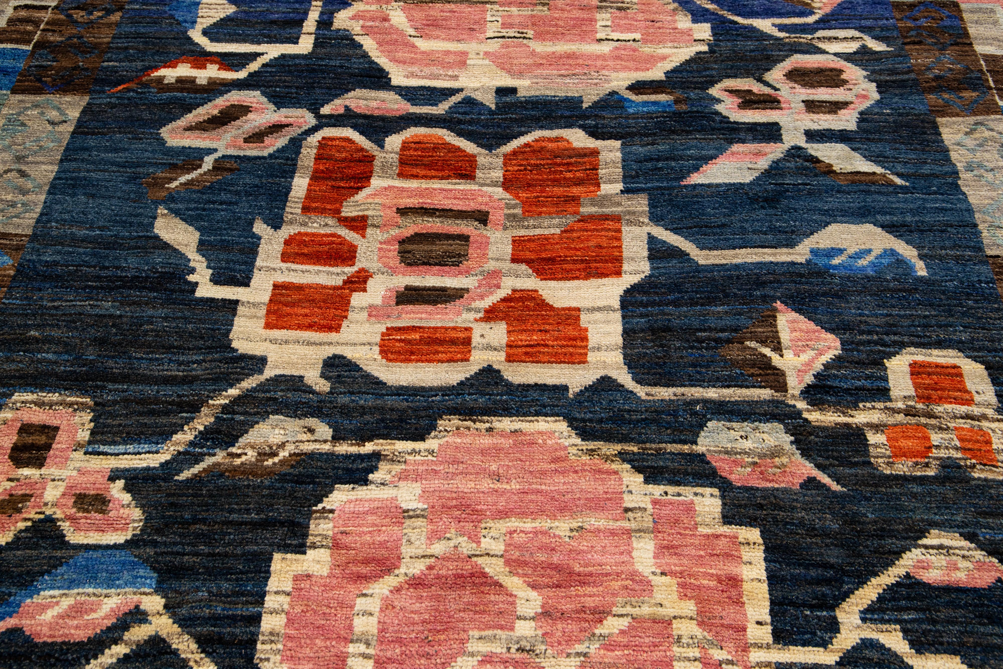 Contemporary Modern Moroccan Style Handmade Wool Rug In Navy Blue With Tribal Pattern For Sale