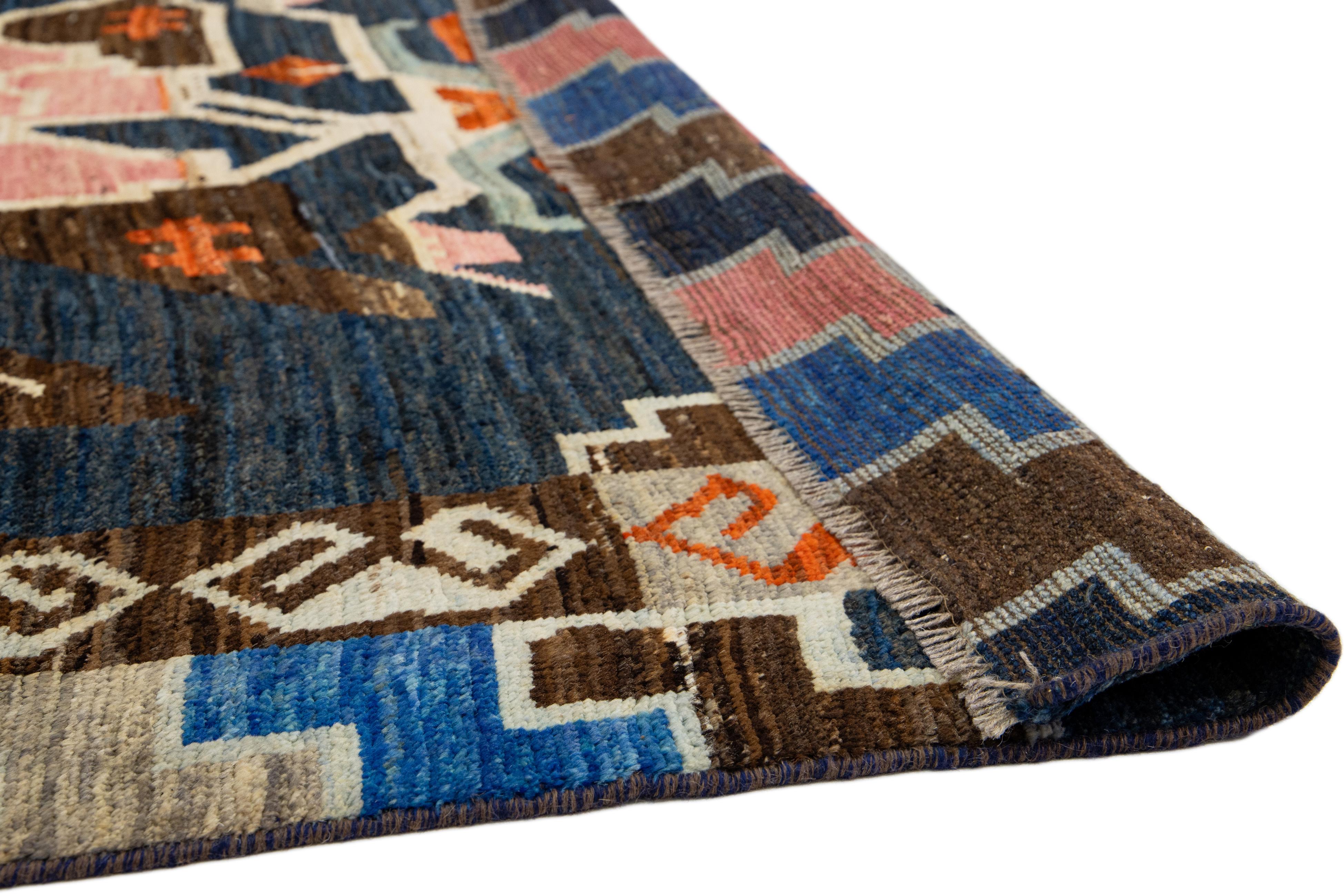 Modern Moroccan Style Handmade Wool Rug In Navy Blue With Tribal Pattern For Sale 3