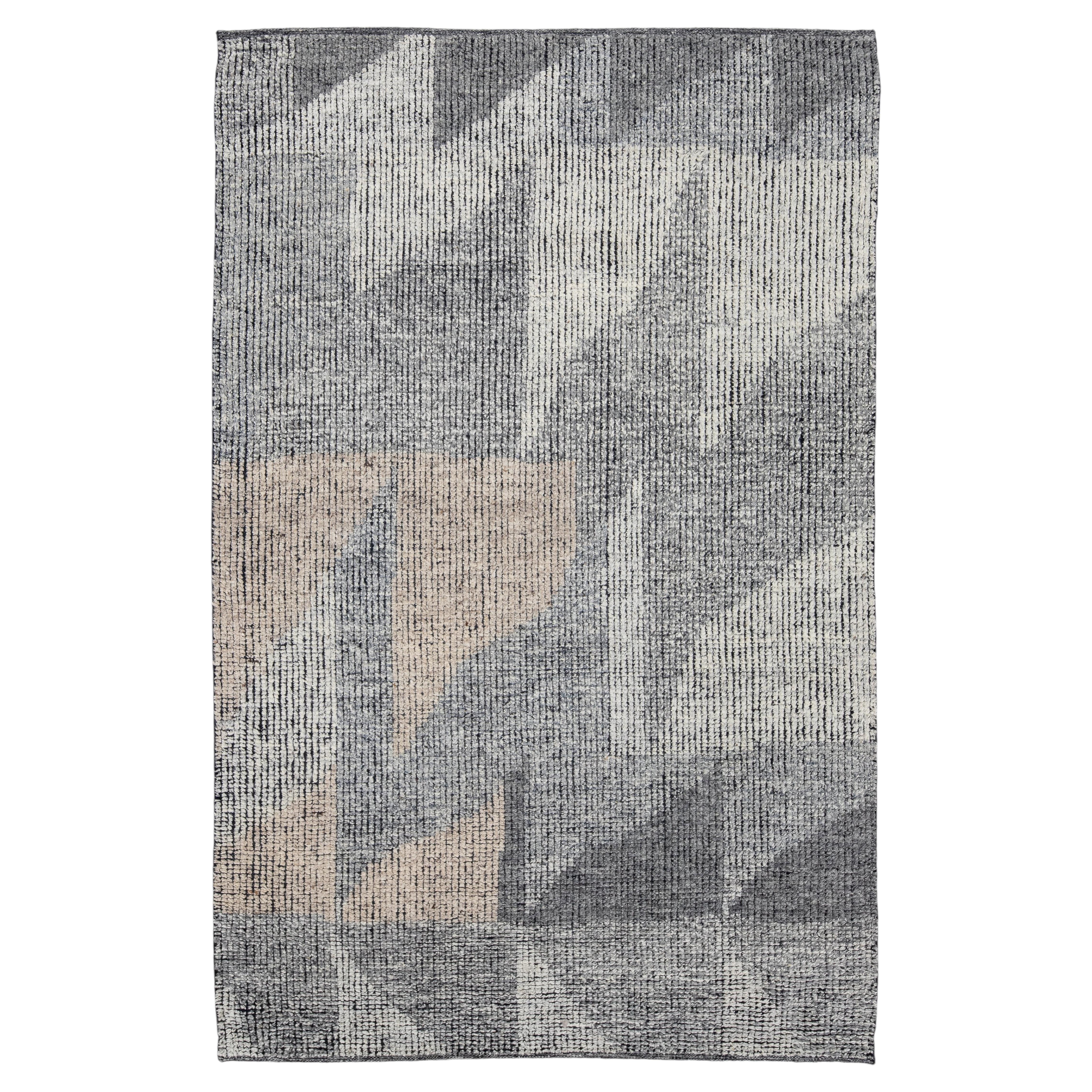 Modern Moroccan Style HandmadeWool Rug with Abstract Geometric Motif For Sale