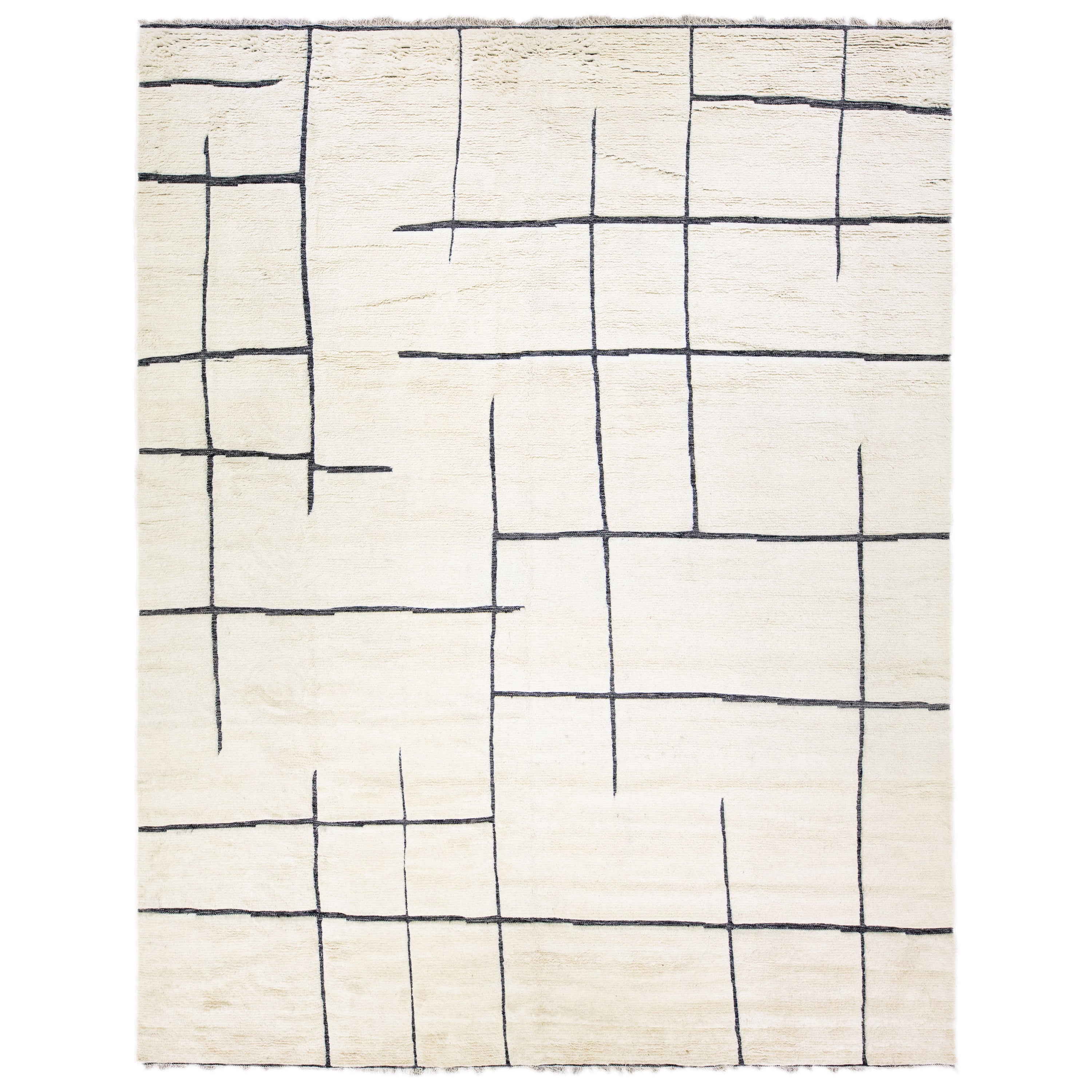 Modern Moroccan Style Ivory Handmade Geometric Wool Rug