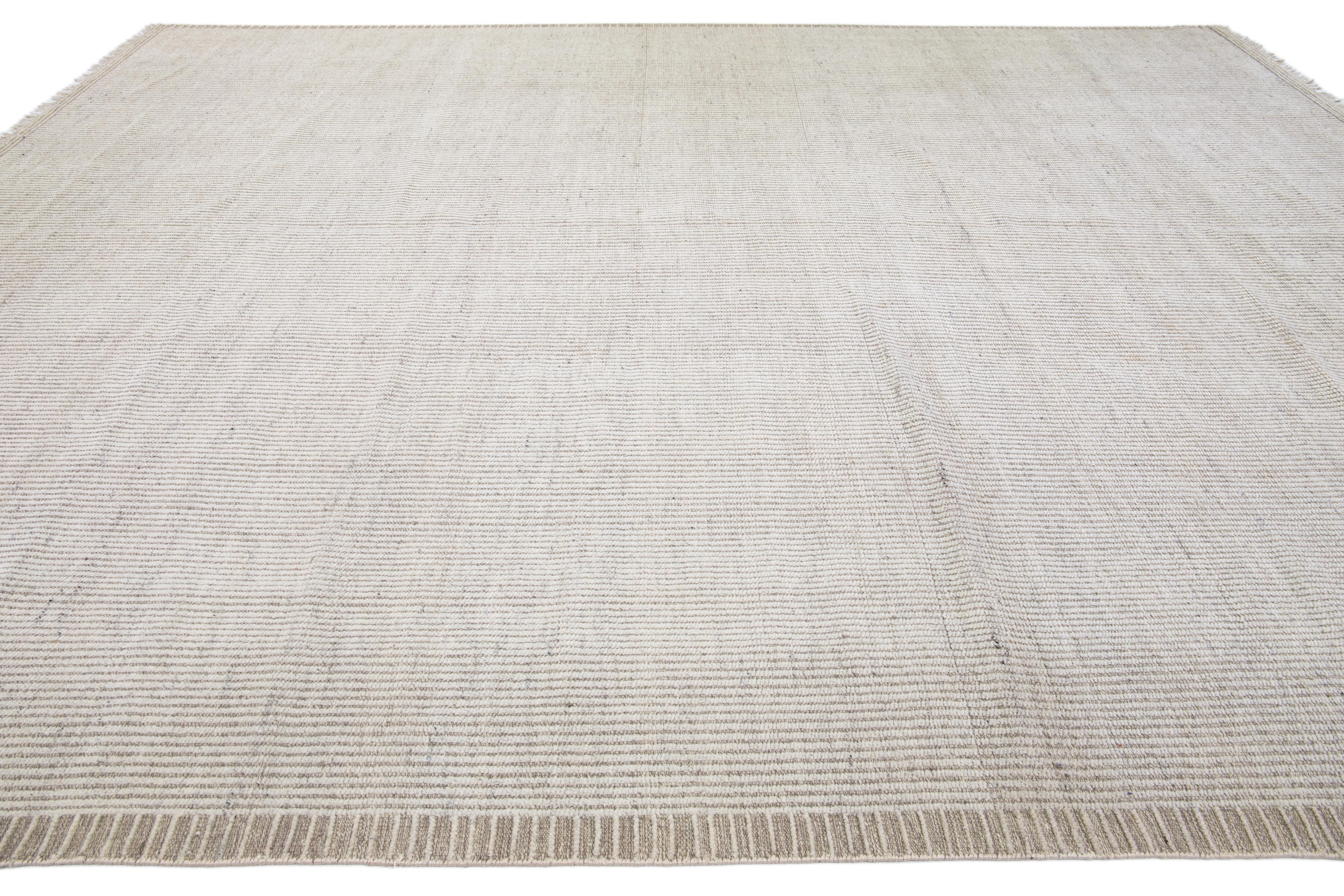 Hand-Knotted Modern Moroccan Style Ivory Handmade Stripe Pattern Wool Rug For Sale
