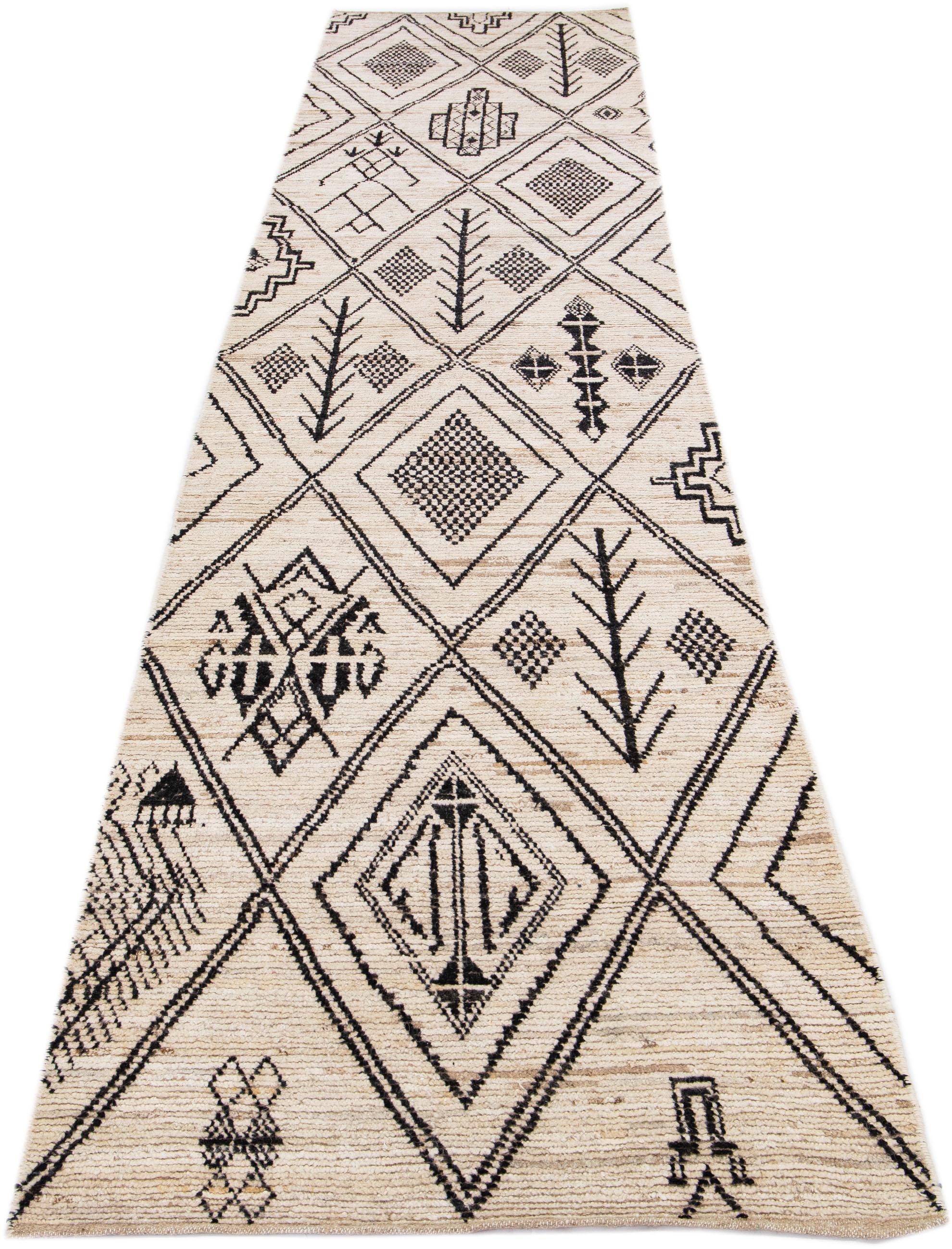 Pakistani Modern Moroccan Style Ivory Handmade Tribal Designed Wool Runner For Sale