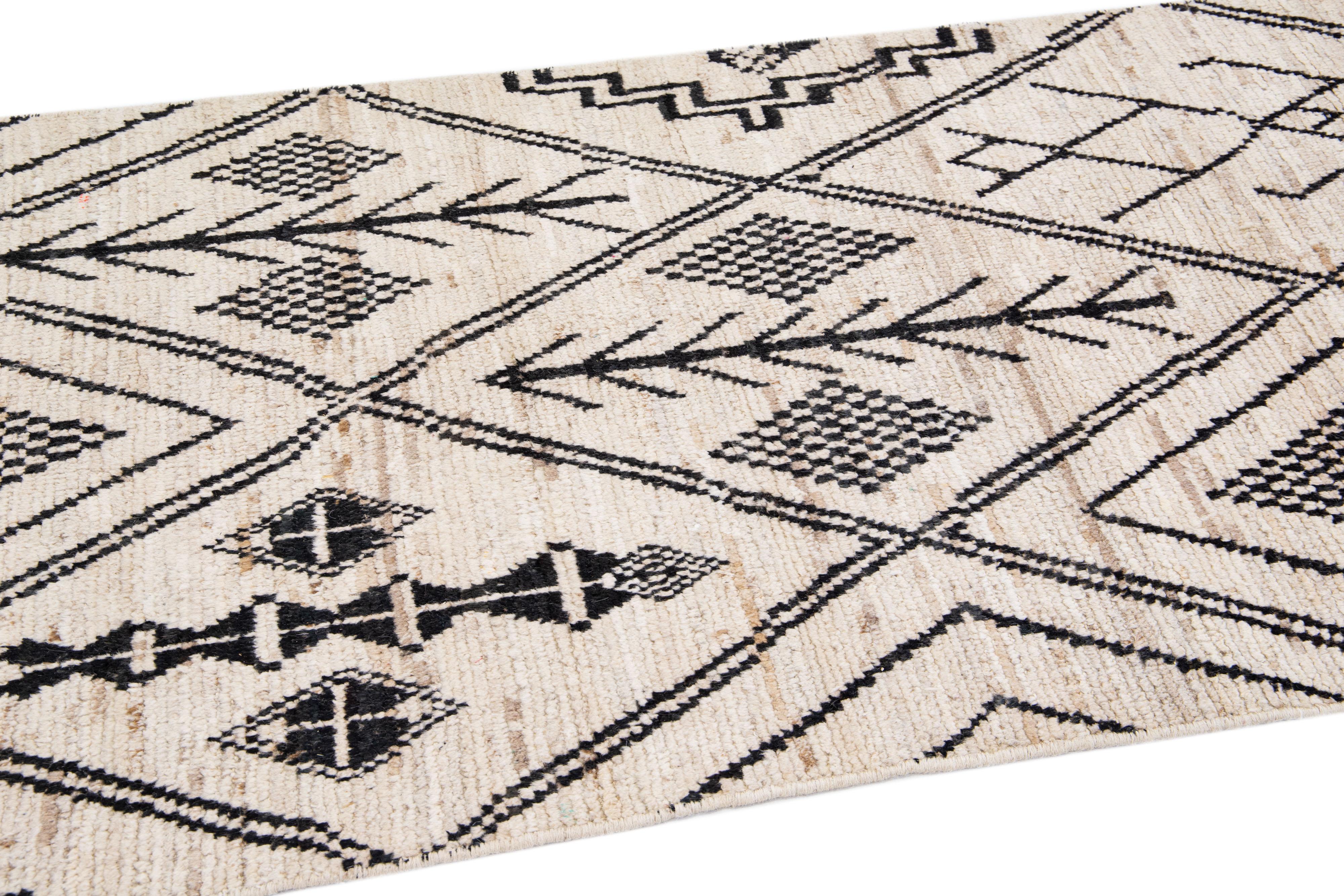 Contemporary Modern Moroccan Style Ivory Handmade Tribal Designed Wool Runner For Sale