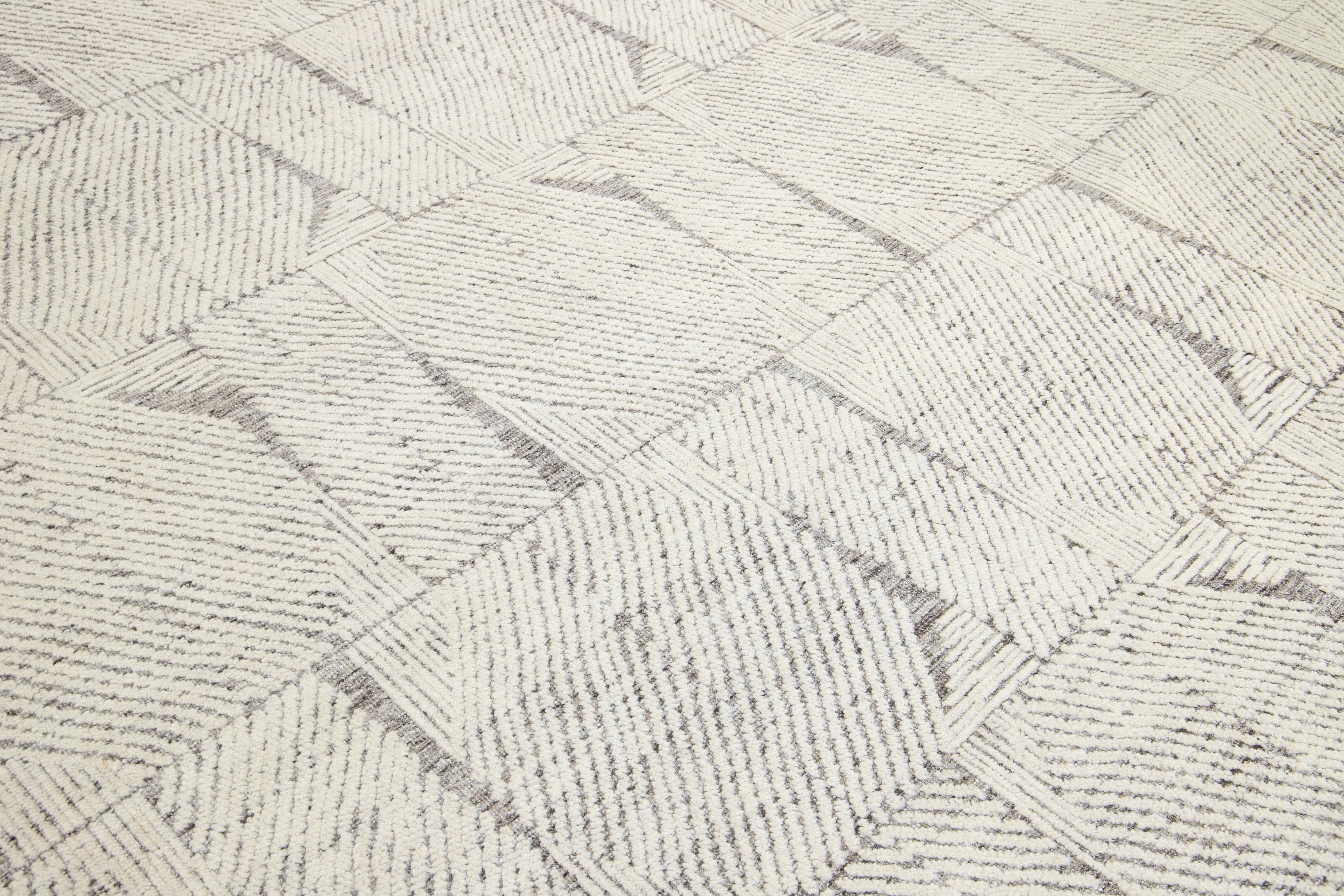 Modern Moroccan Style Ivory Wool Rug Abstract Design By Apadana For Sale 4