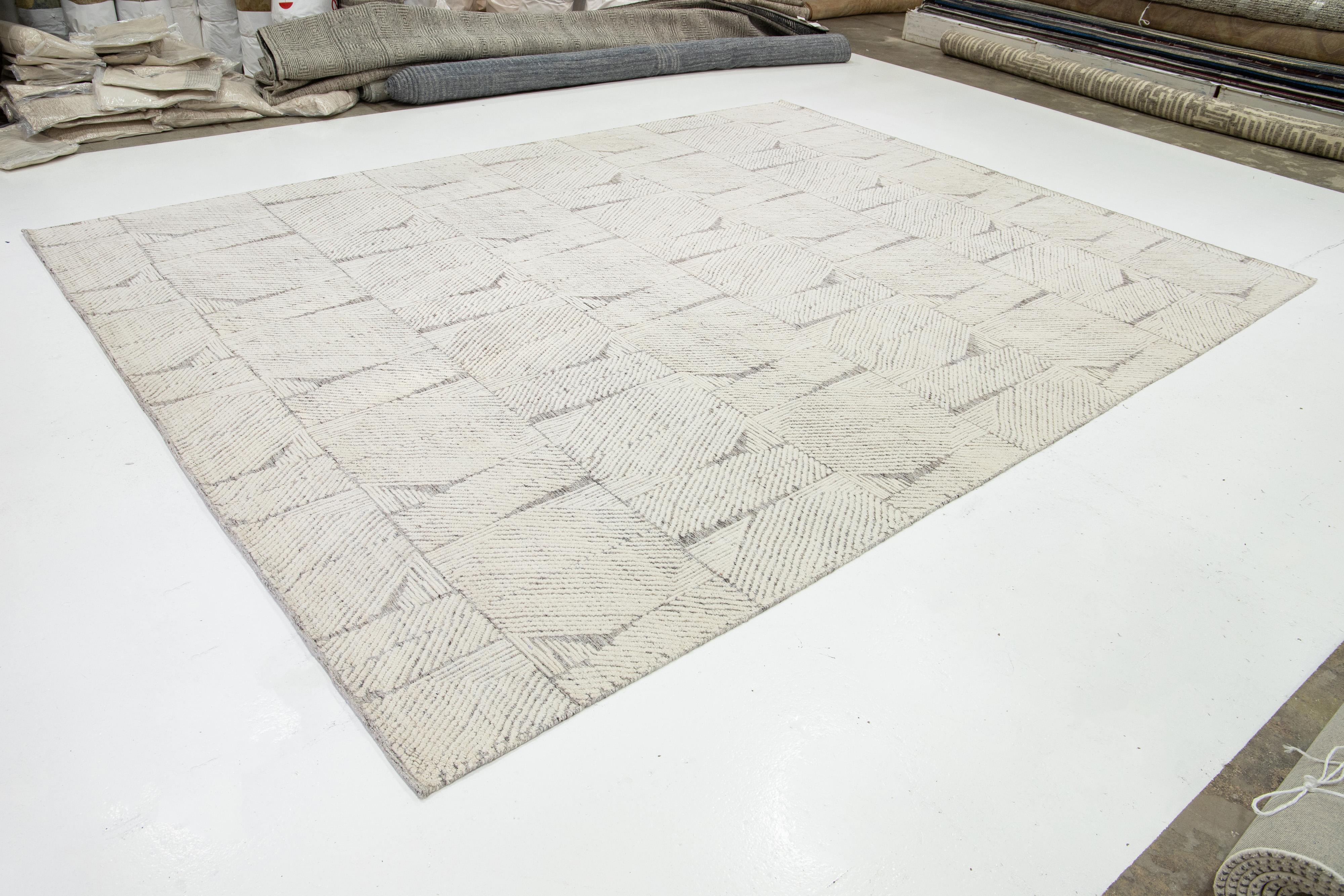 Indian Modern Moroccan Style Ivory Wool Rug Abstract Design By Apadana For Sale
