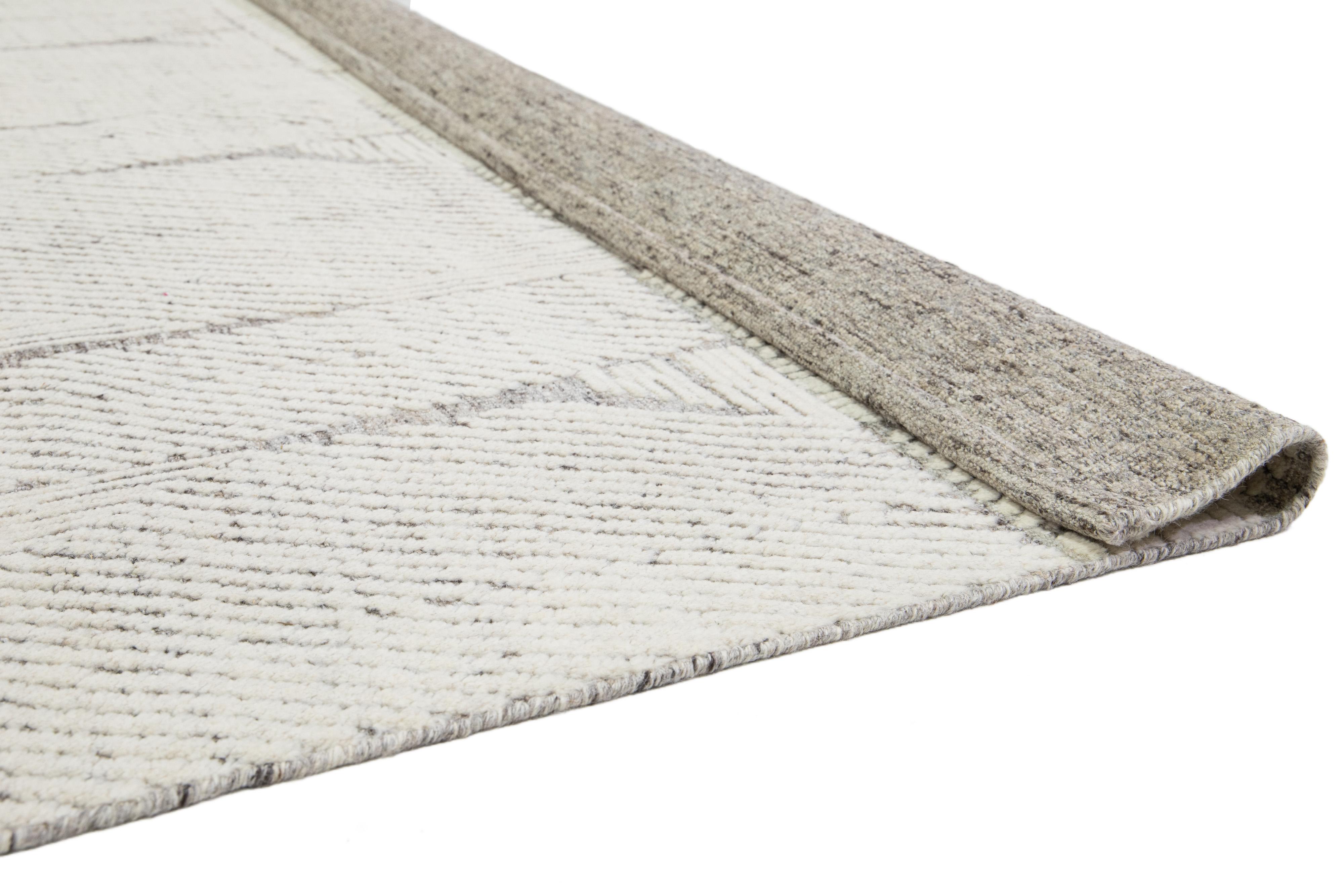 Hand-Knotted Modern Moroccan Style Ivory Wool Rug Abstract Design By Apadana For Sale