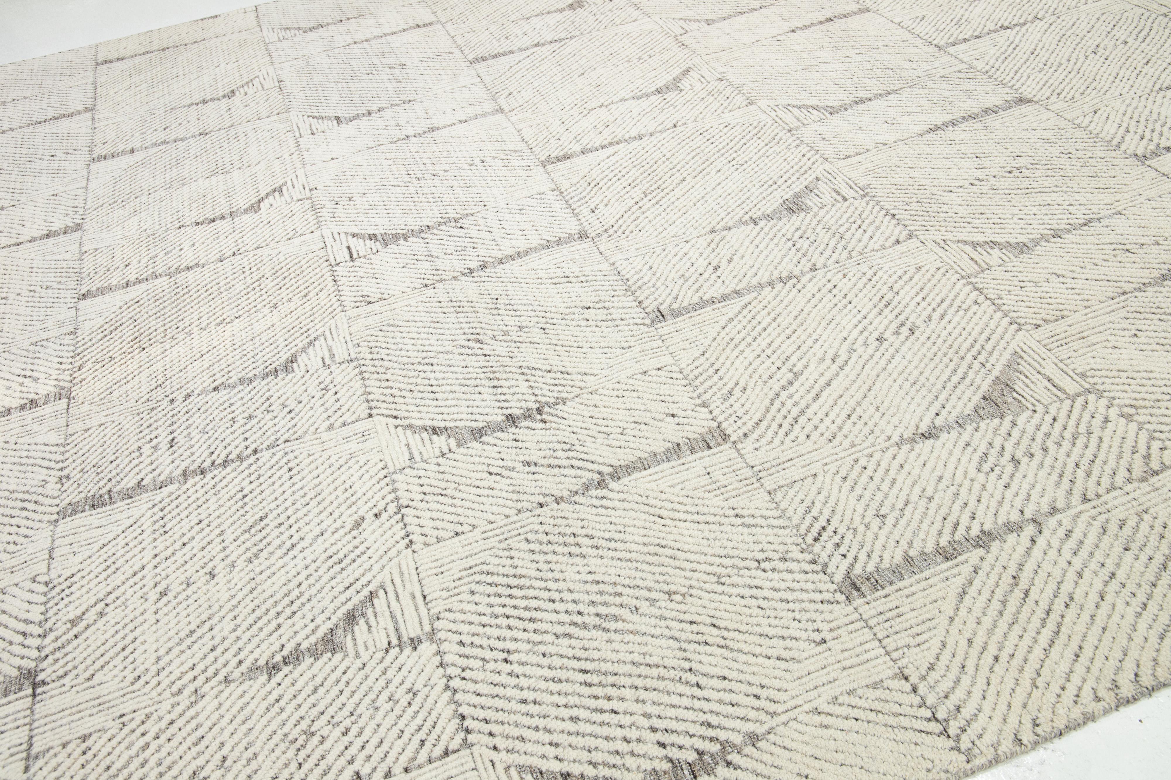 Modern Moroccan Style Ivory Wool Rug Abstract Design By Apadana In New Condition For Sale In Norwalk, CT