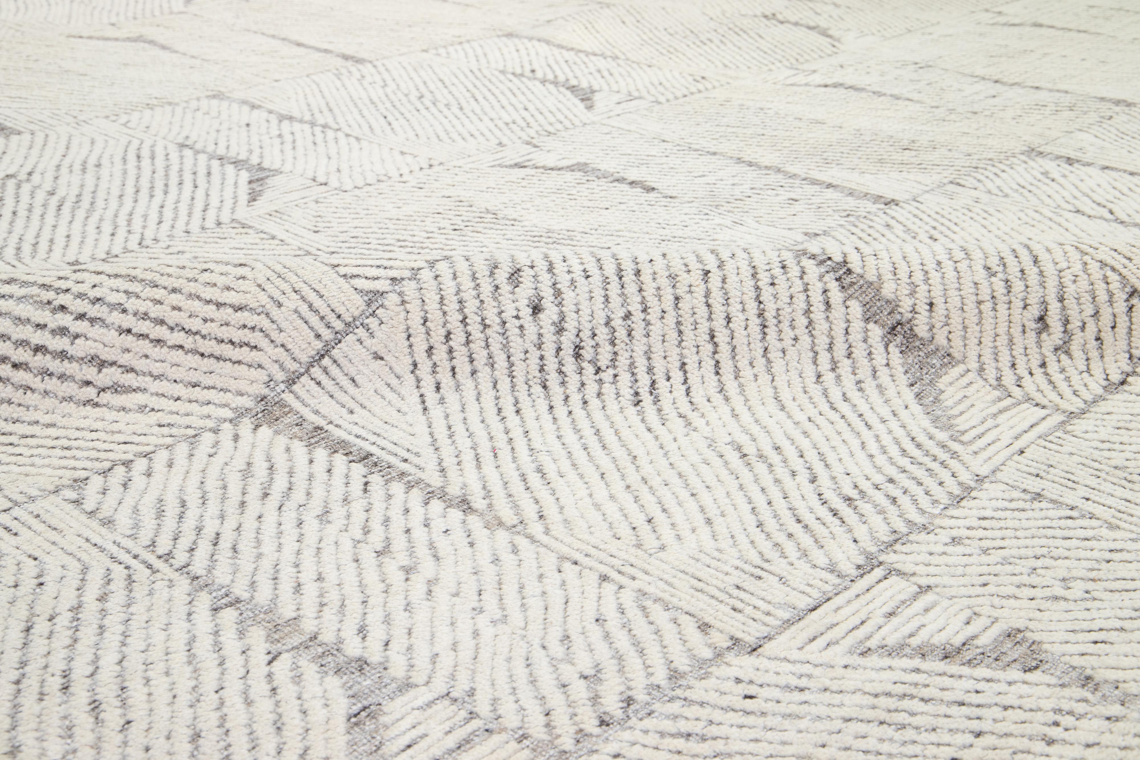 Contemporary Modern Moroccan Style Ivory Wool Rug Abstract Design By Apadana For Sale