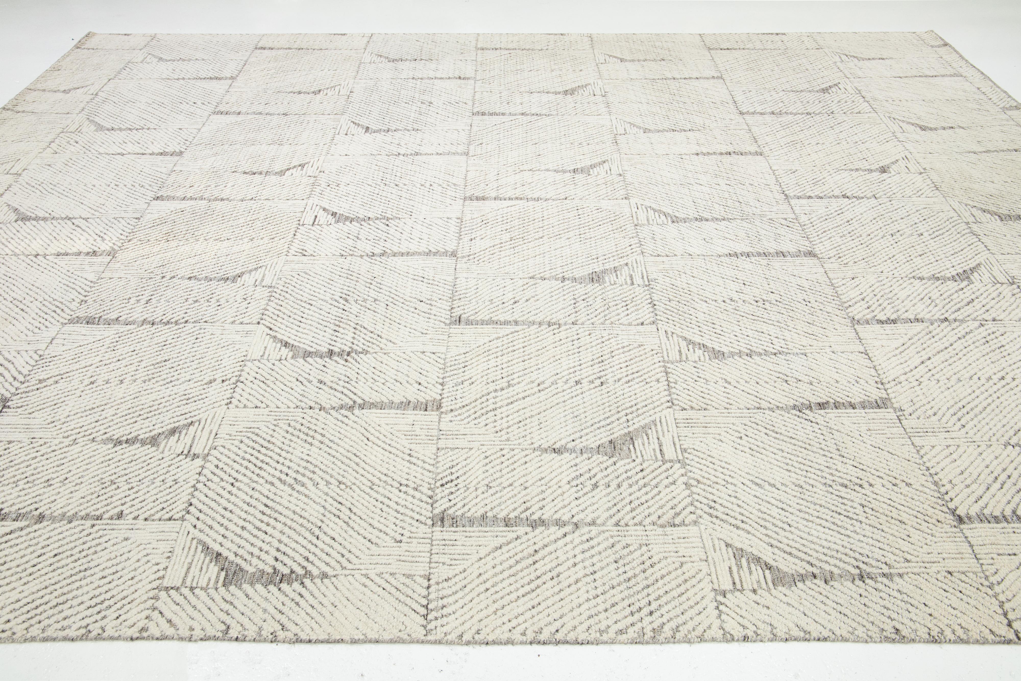 Modern Moroccan Style Ivory Wool Rug Abstract Design By Apadana For Sale 1