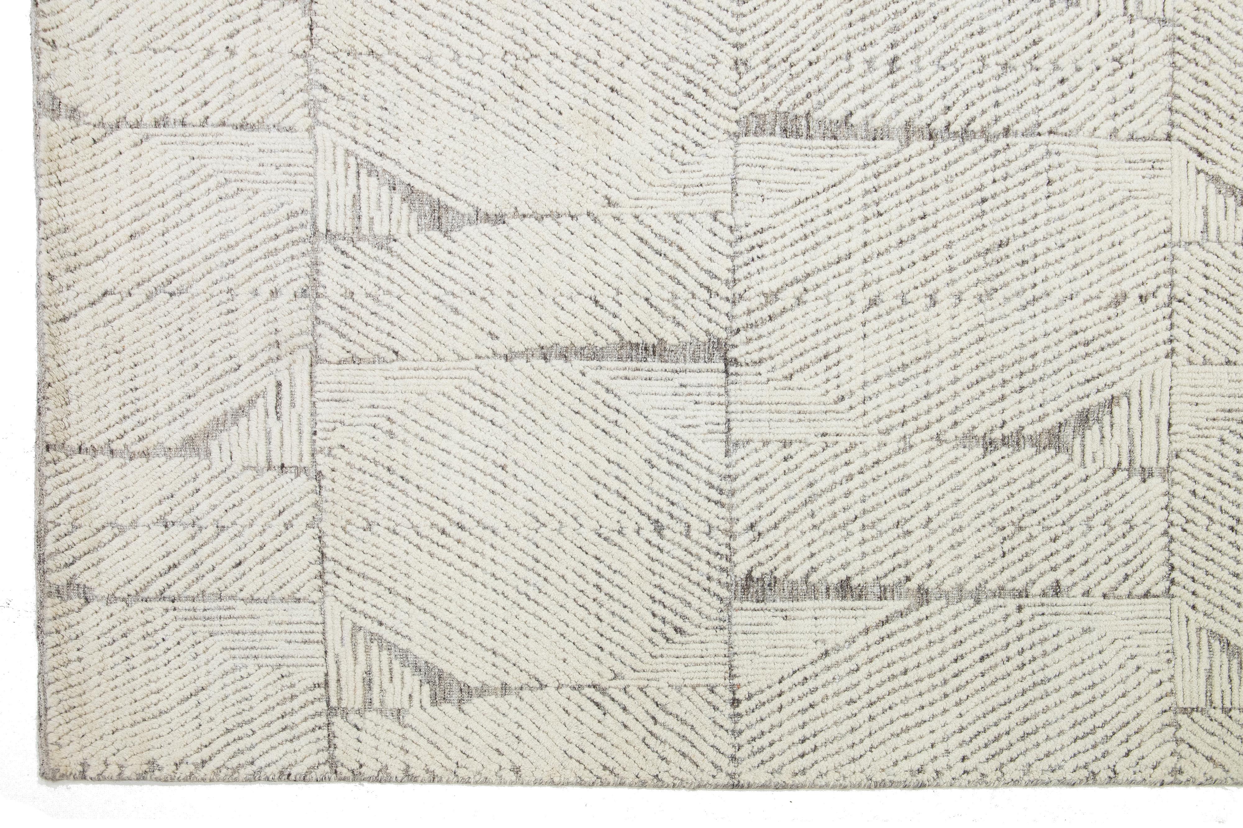 Modern Moroccan Style Ivory Wool Rug Abstract Design By Apadana For Sale 2