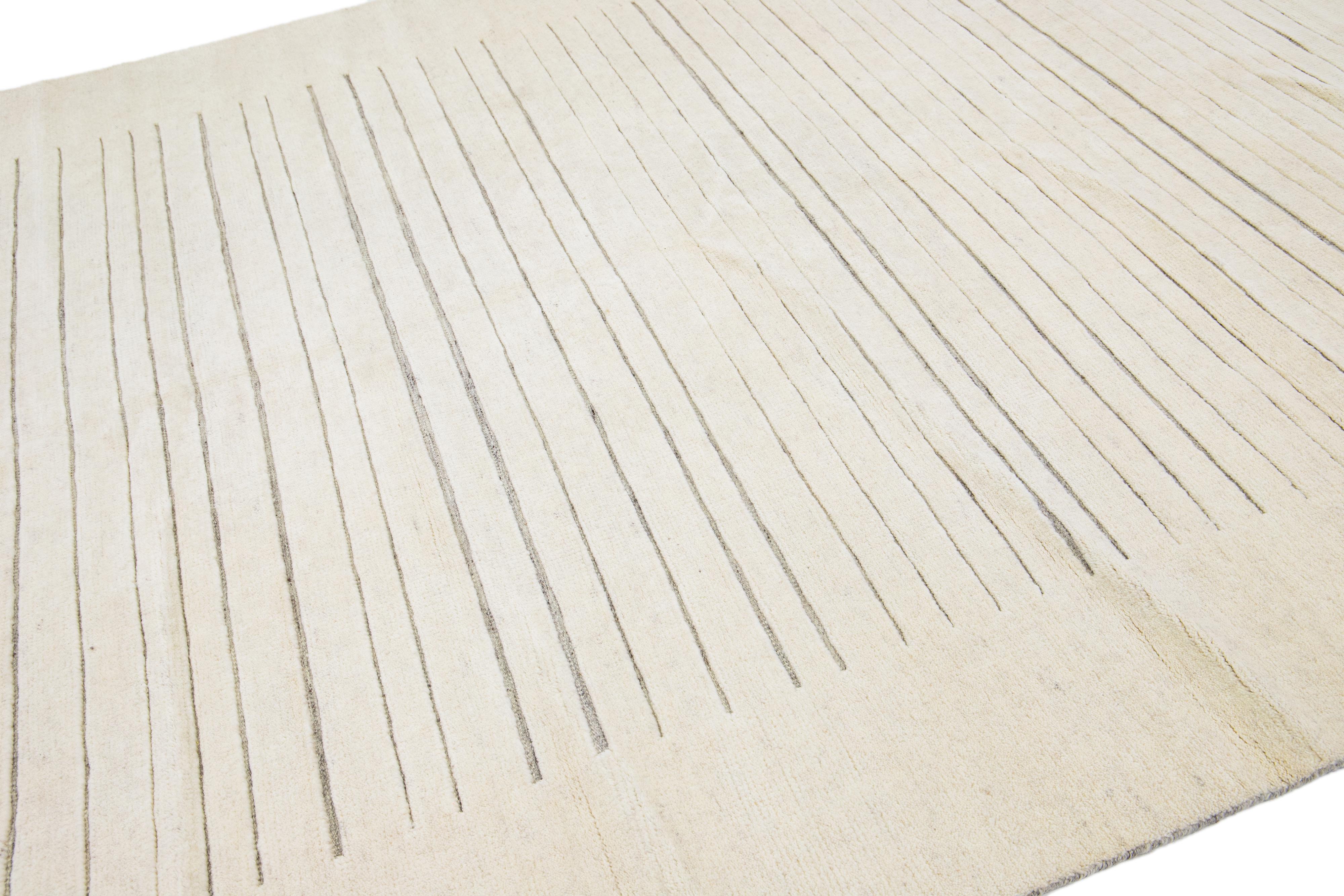 Organic Modern Modern Moroccan Style Ivory Wool Rug with Stripe Design For Sale