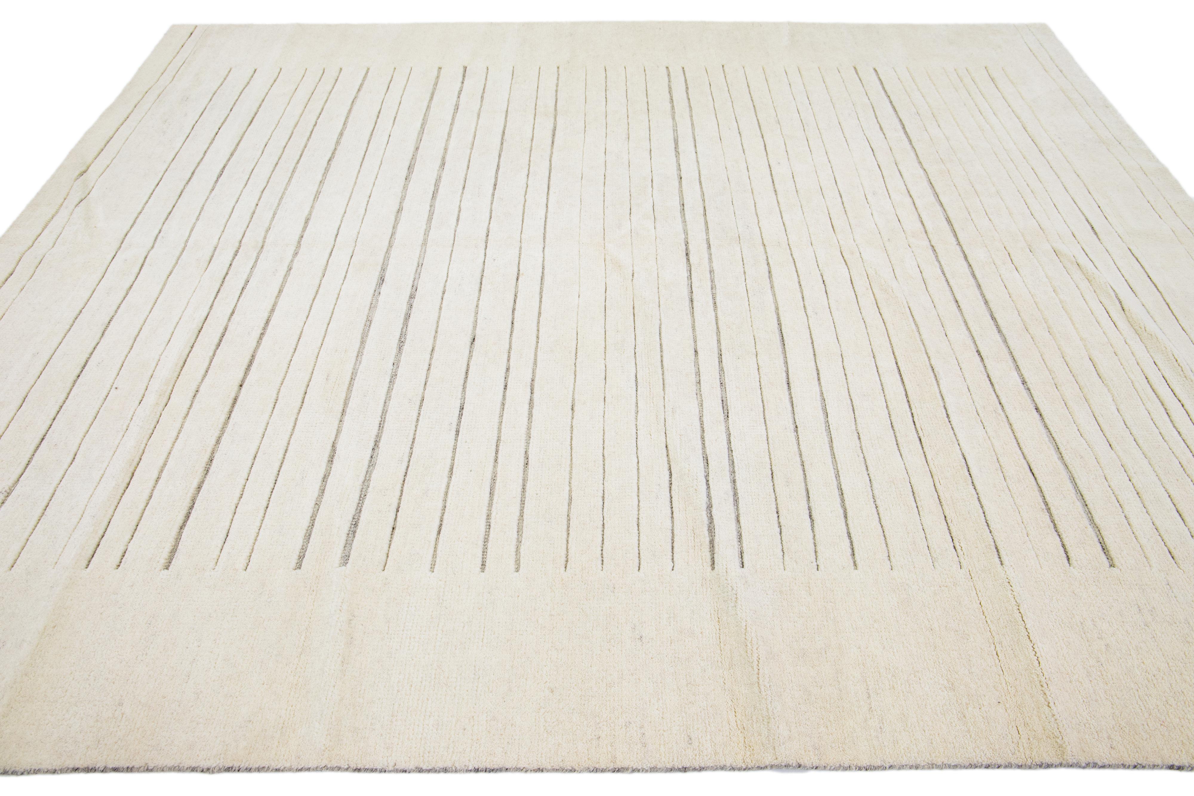 Pakistani Modern Moroccan Style Ivory Wool Rug with Stripe Design For Sale
