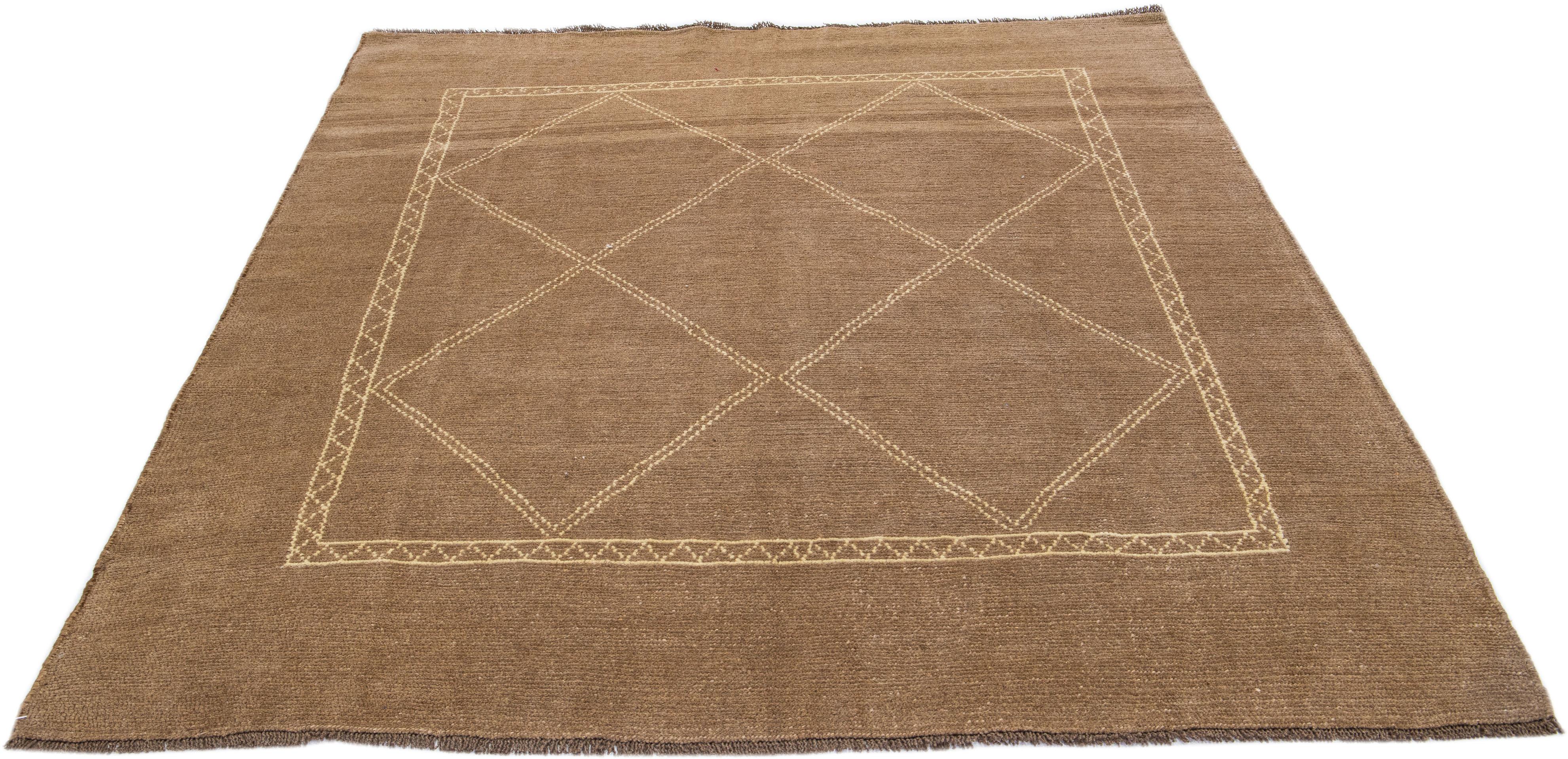 Afghan Modern Moroccan Style Light Brown Handmade Geometric Square Wool Rug by Apadana For Sale