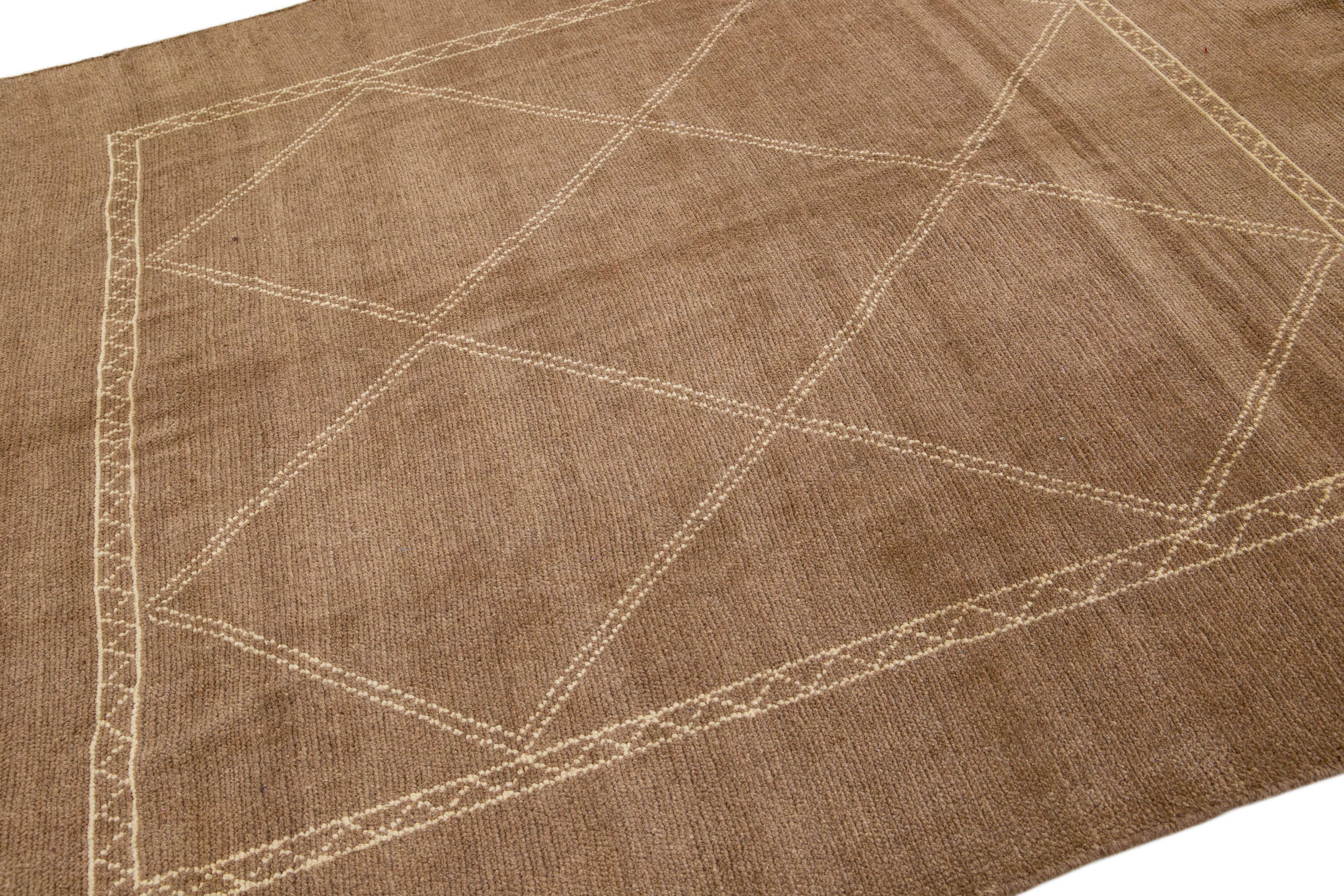 Modern Moroccan Style Light Brown Handmade Geometric Square Wool Rug by Apadana In New Condition For Sale In Norwalk, CT