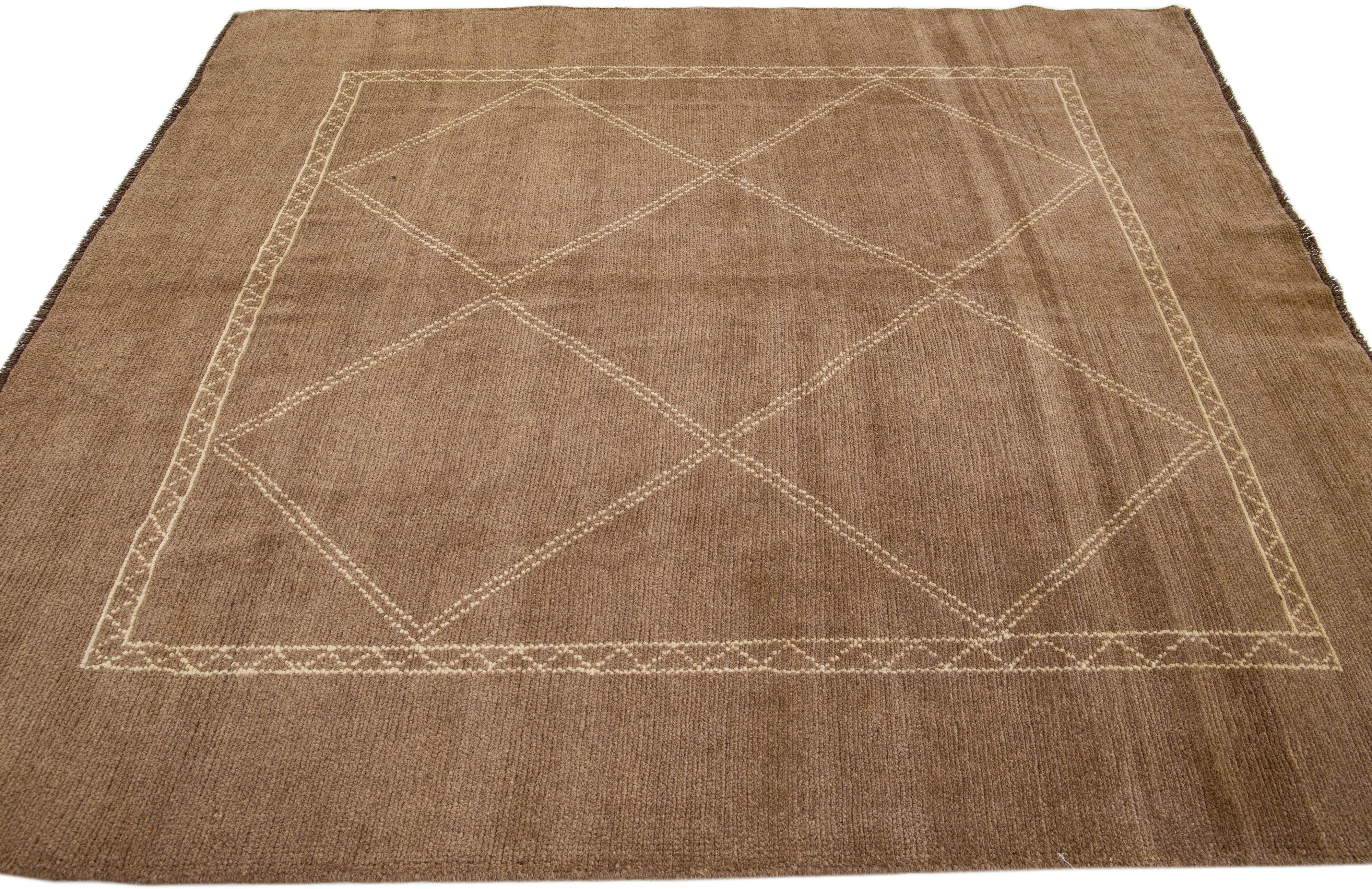 Contemporary Modern Moroccan Style Light Brown Handmade Geometric Square Wool Rug by Apadana For Sale