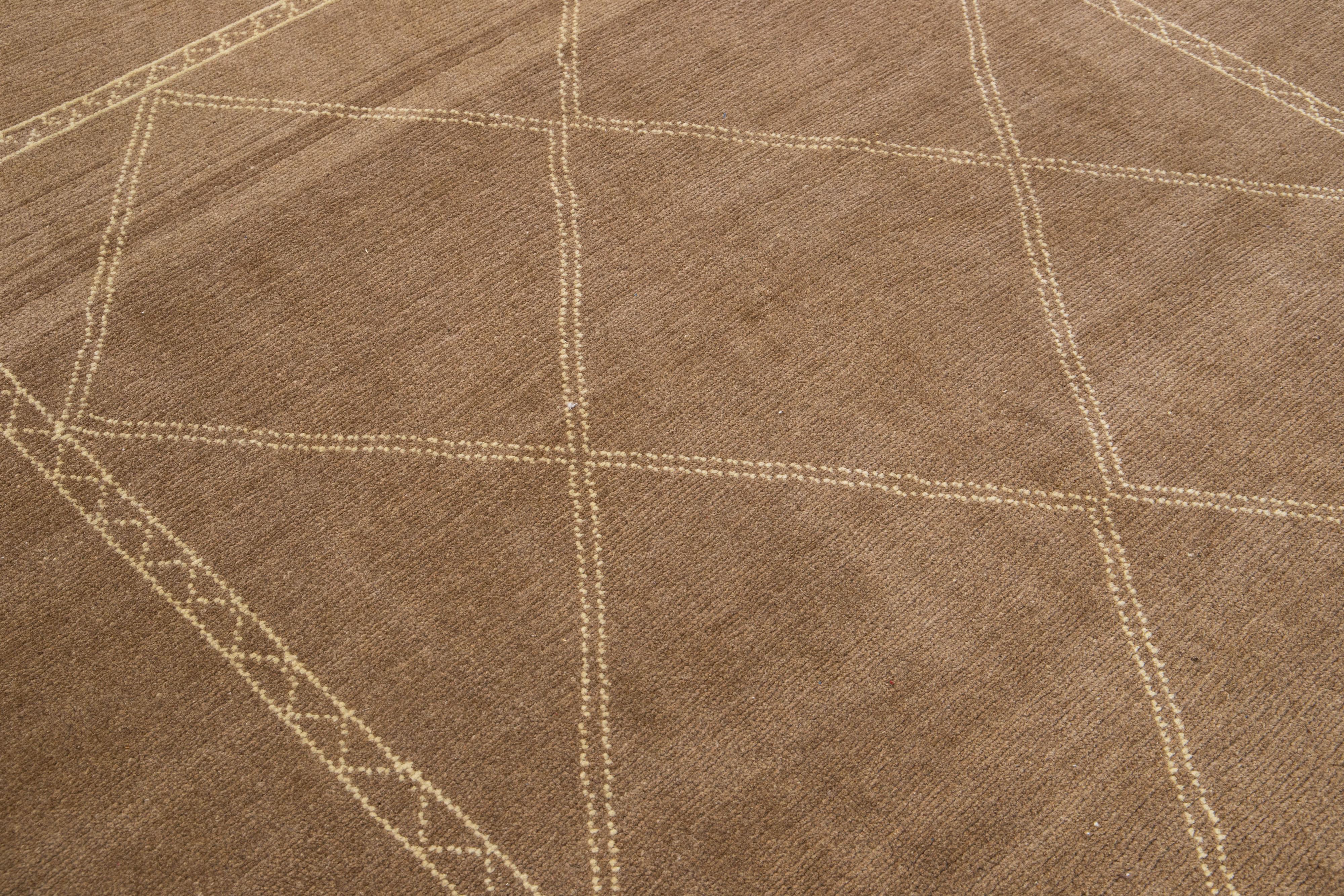 Modern Moroccan Style Light Brown Handmade Geometric Square Wool Rug by Apadana For Sale 1