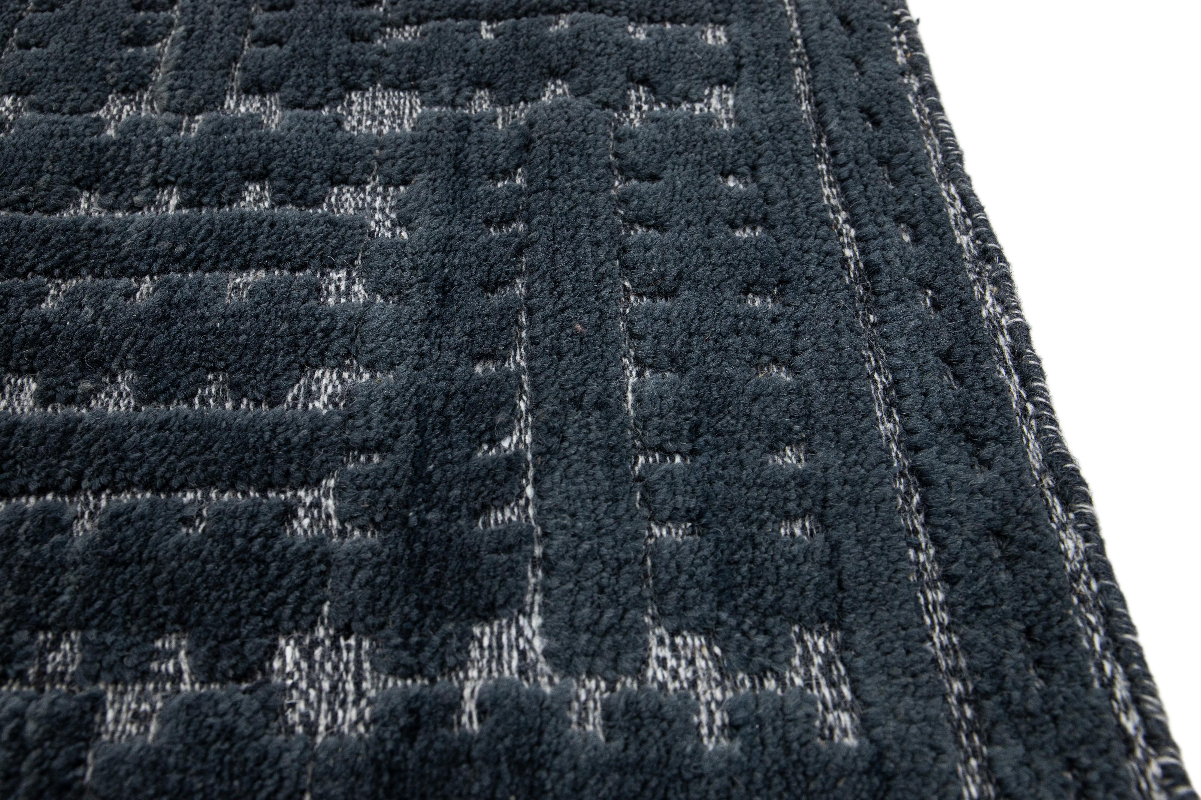 Hand-Knotted Modern Moroccan Style Navy Blue Handmade Custom Wool Rug For Sale