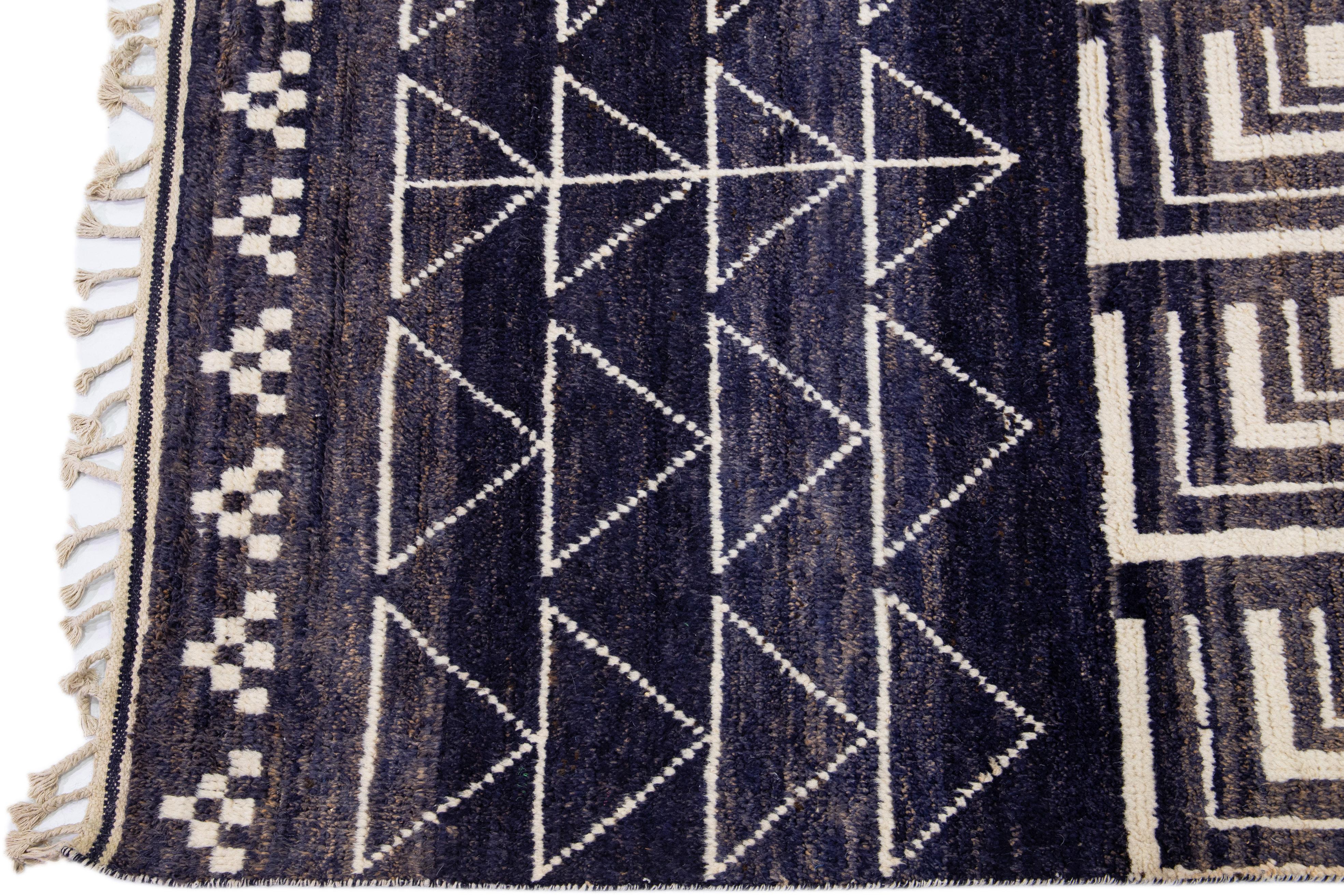 Afghan Modern Moroccan Style Navy Blue Handmade Tribal Wool Rug For Sale