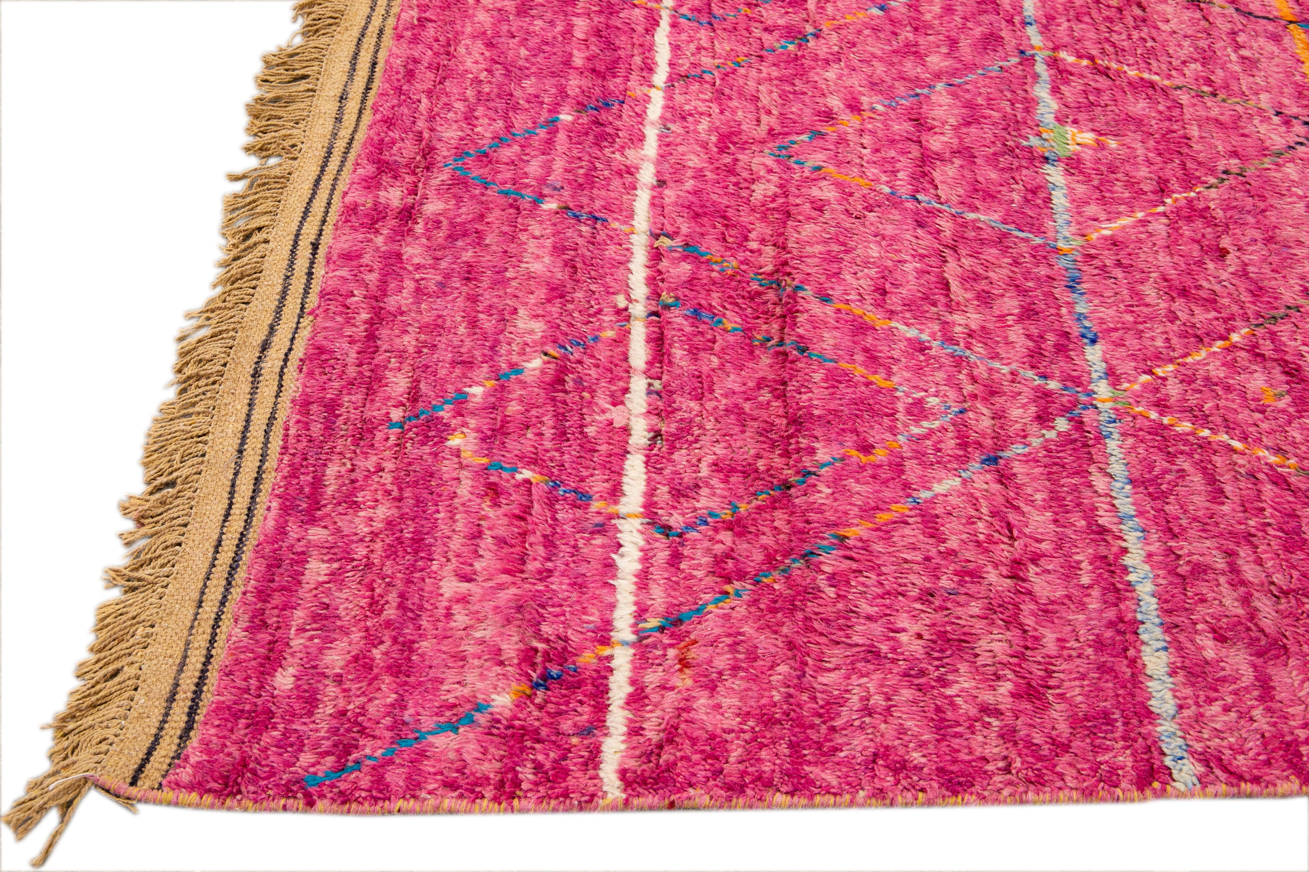 Bohemian Modern Moroccan Style Pink Handmade Tribal Pattern Boho Wool Rug For Sale