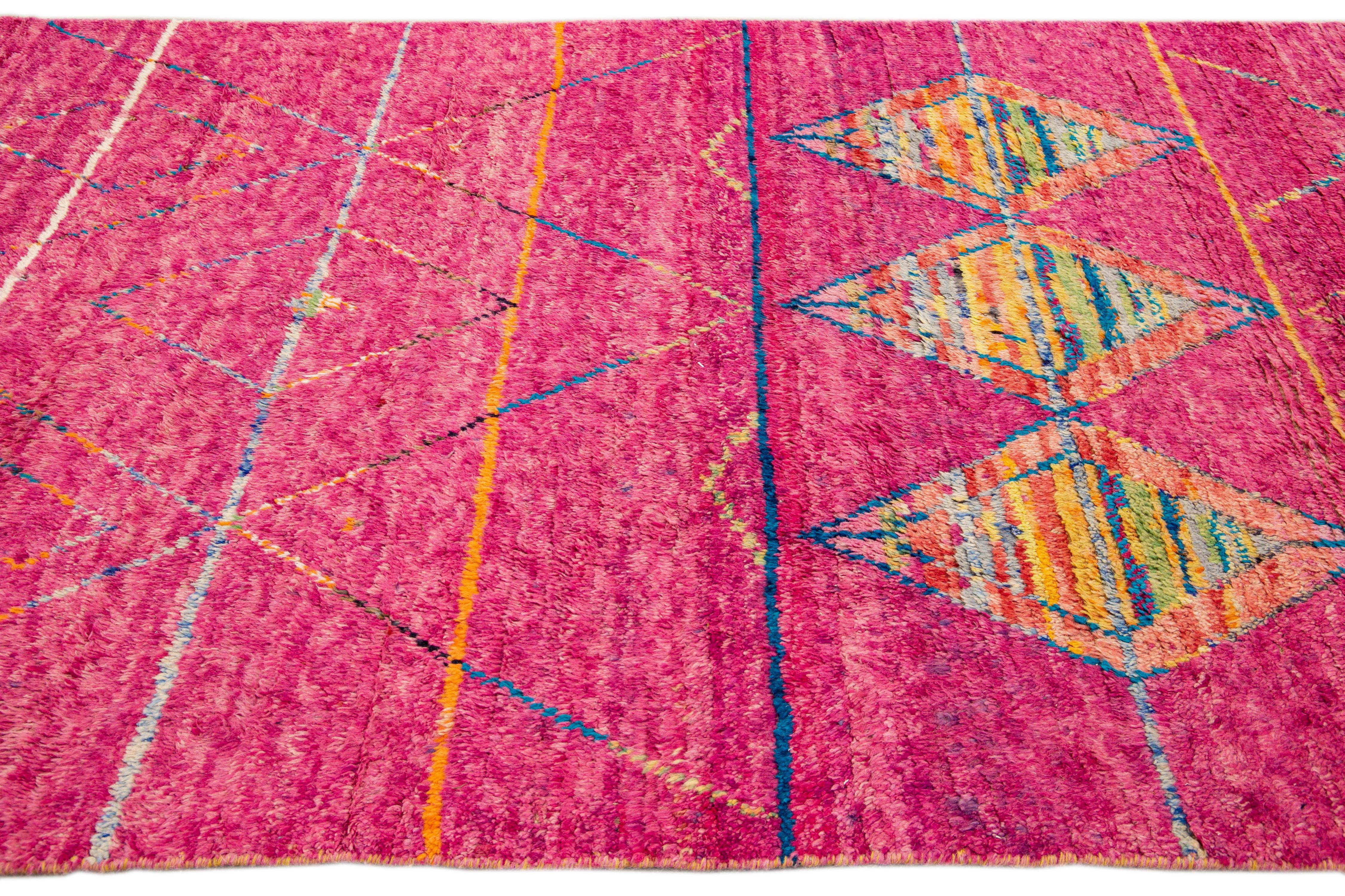 Hand-Knotted Modern Moroccan Style Pink Handmade Tribal Pattern Boho Wool Rug For Sale