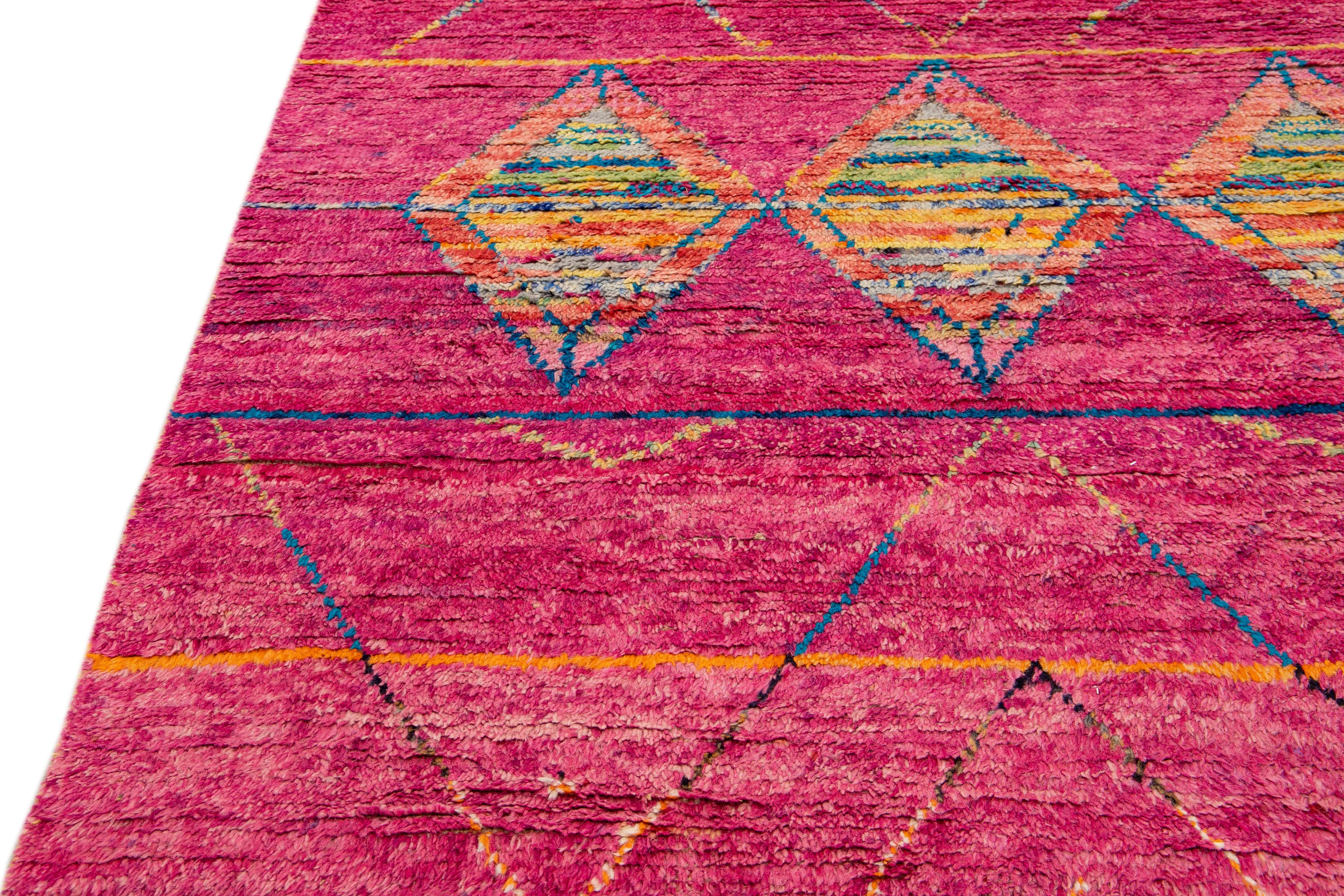 Modern Moroccan Style Pink Handmade Tribal Pattern Boho Wool Rug For Sale 1