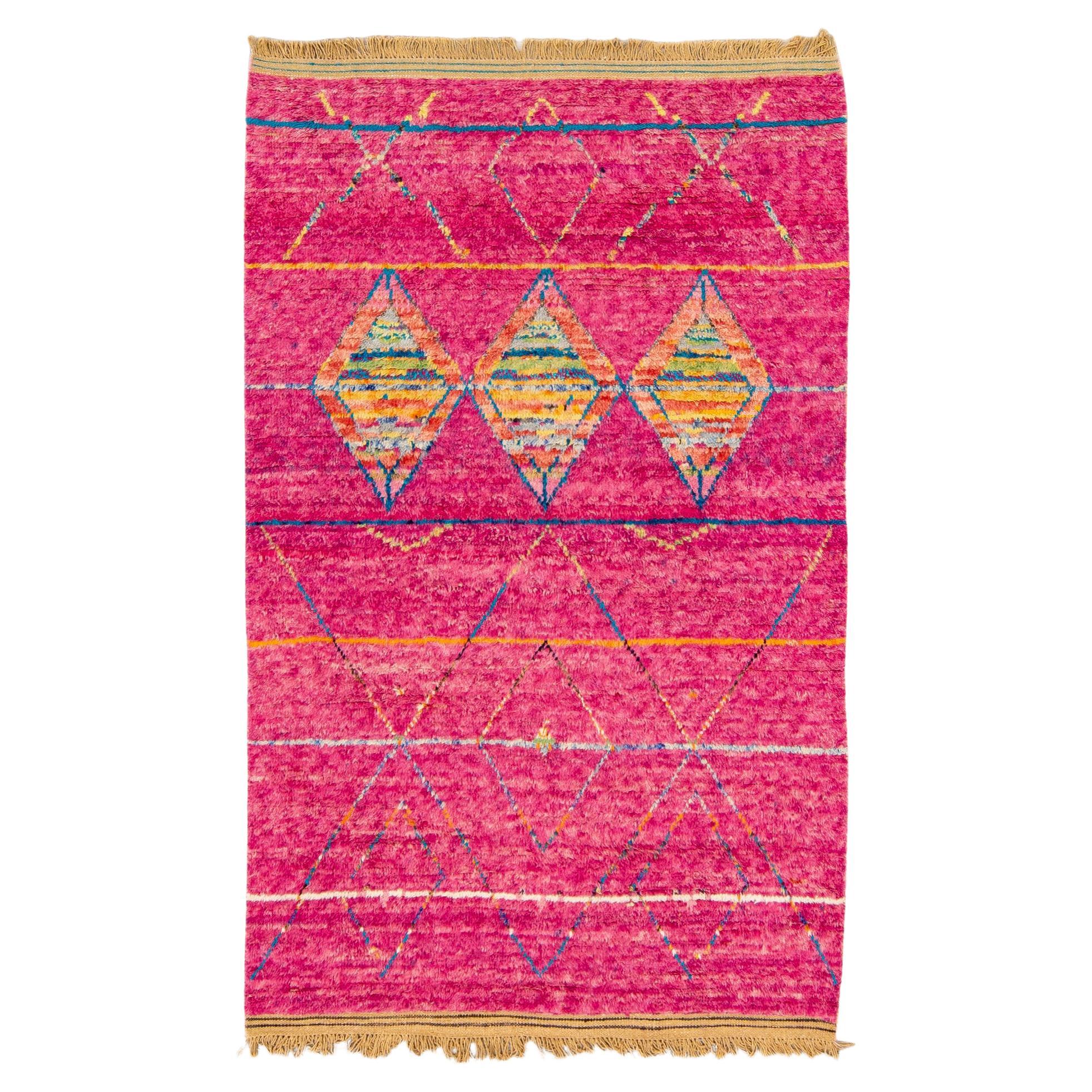 Modern Moroccan Style Pink Handmade Tribal Pattern Boho Wool Rug For Sale
