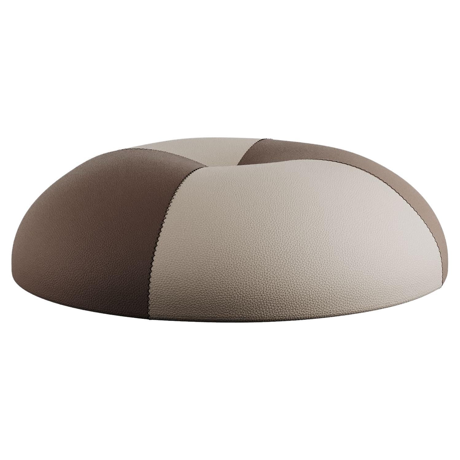 Modern Moroccan Style Retro Pouf Set Upholstered in Brown & Beige Leather For Sale