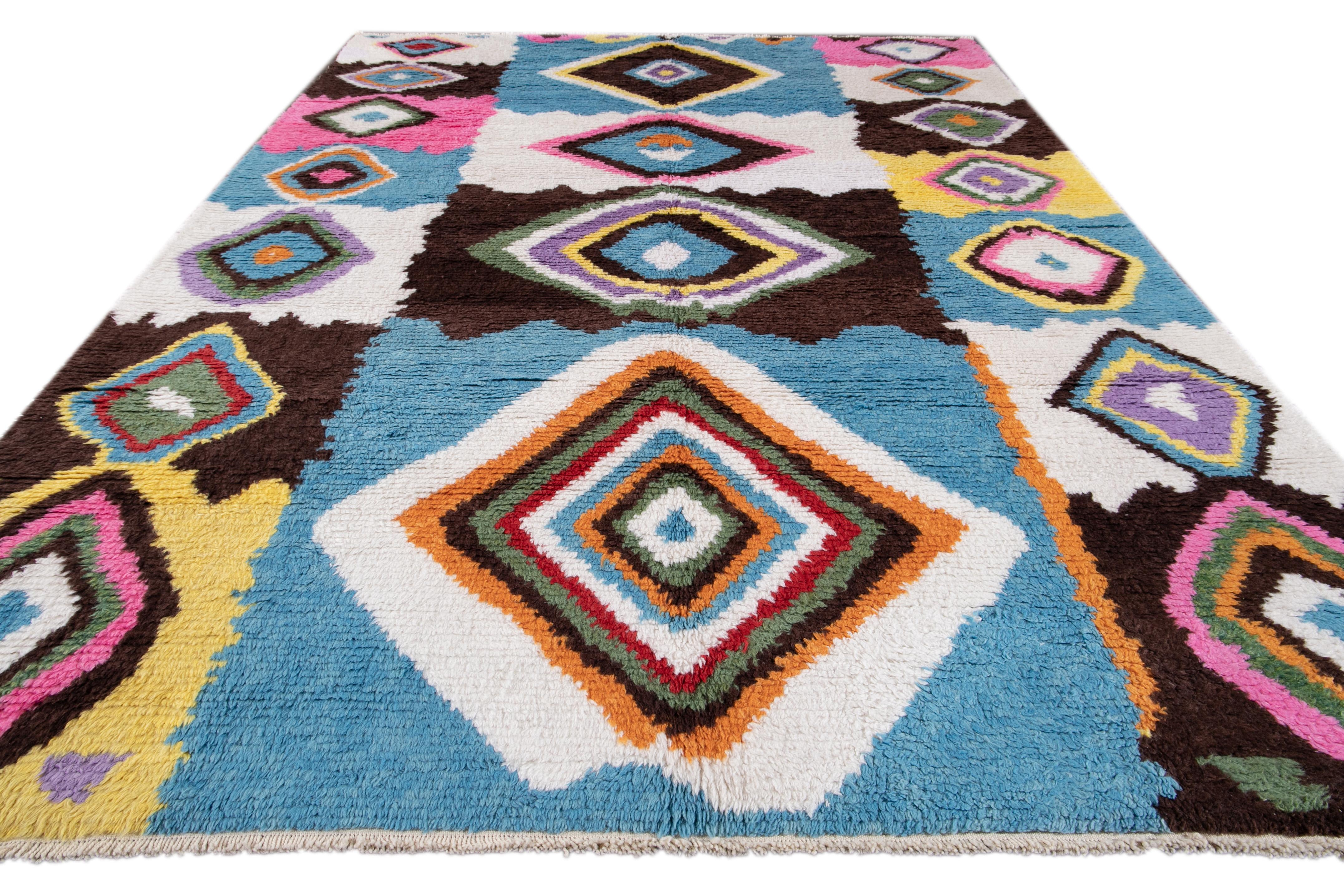 Indian Modern Moroccan Style Shag Multicolor Wool Rug
