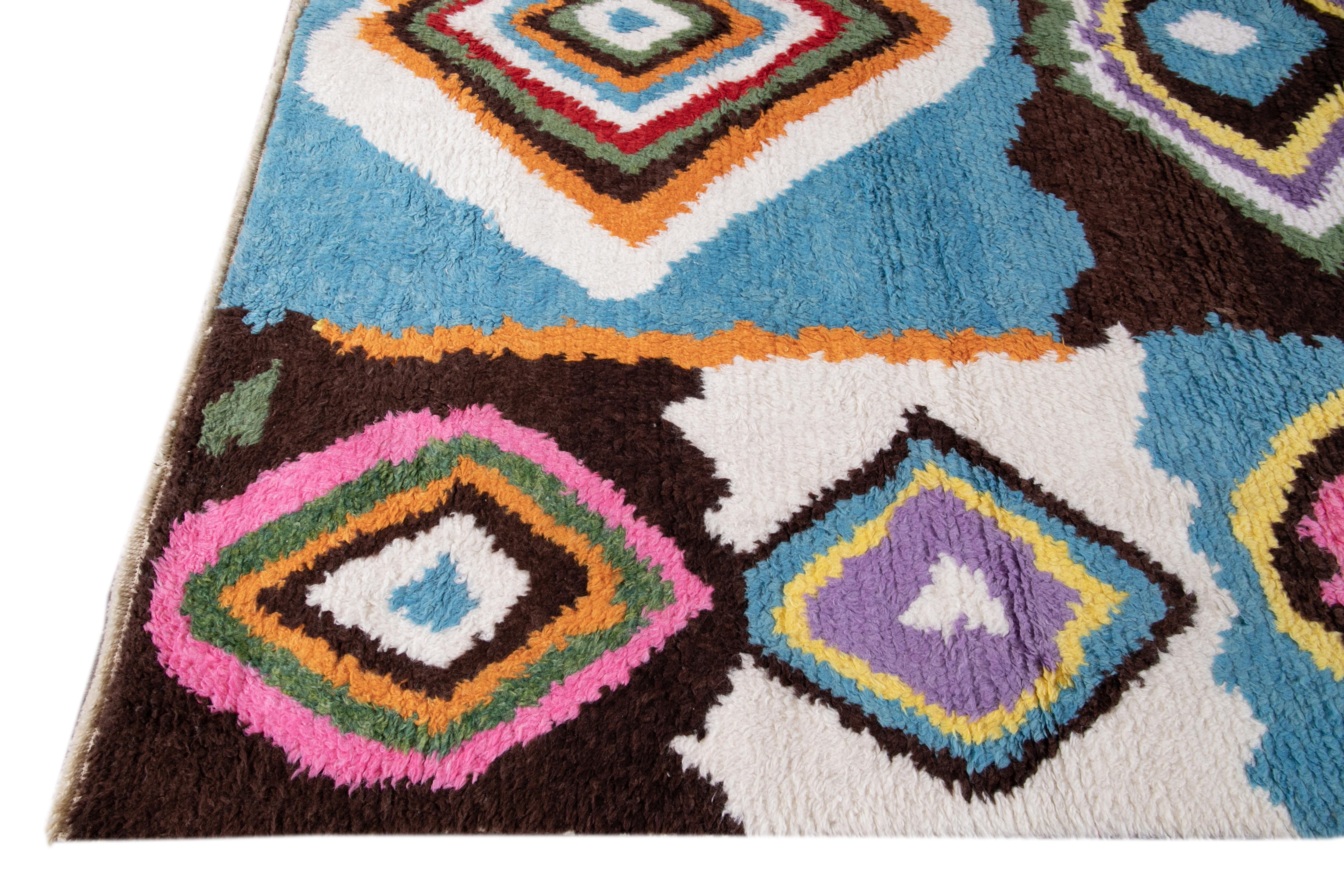 Hand-Knotted Modern Moroccan Style Shag Multicolor Wool Rug