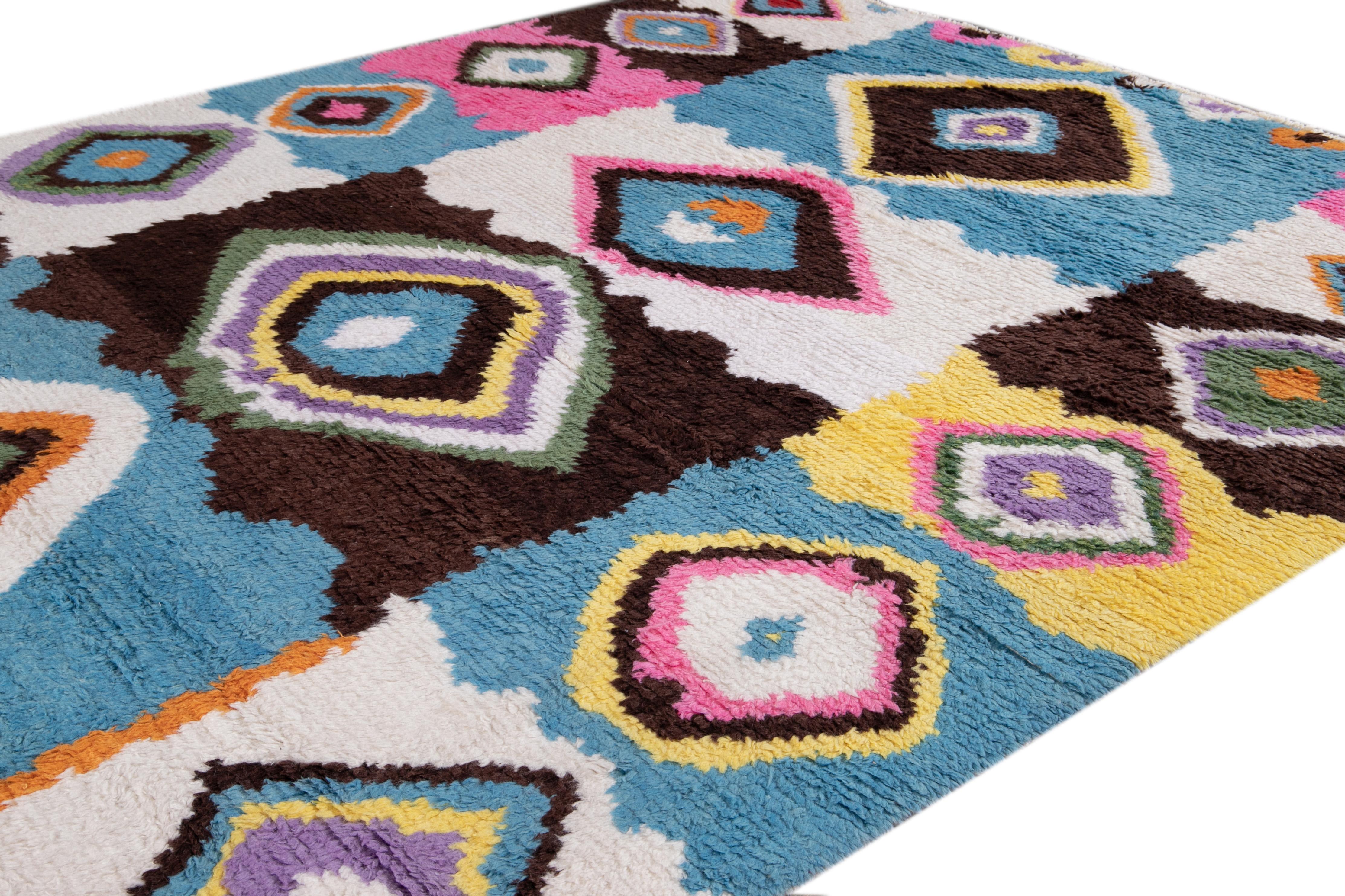 Contemporary Modern Moroccan Style Shag Multicolor Wool Rug