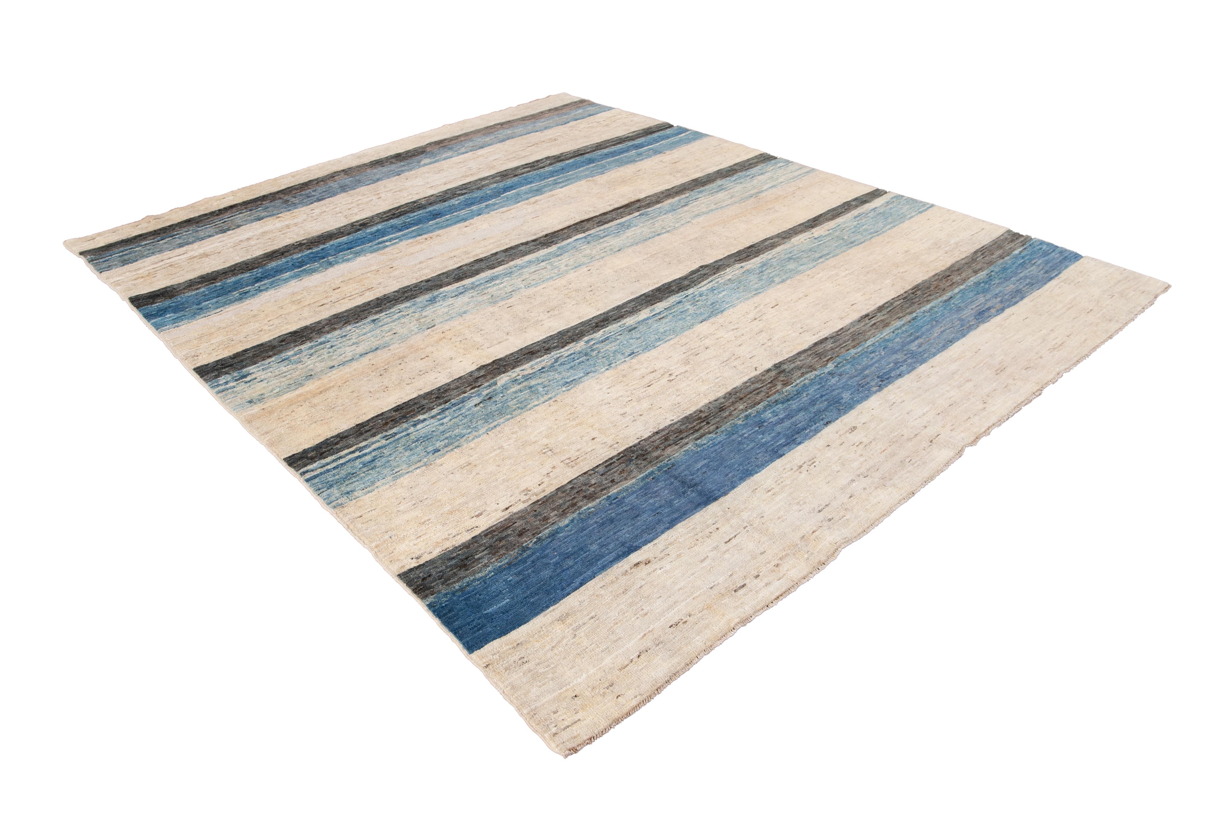 Modern Moroccan-Style Striped Room Size Wool Rug For Sale 6