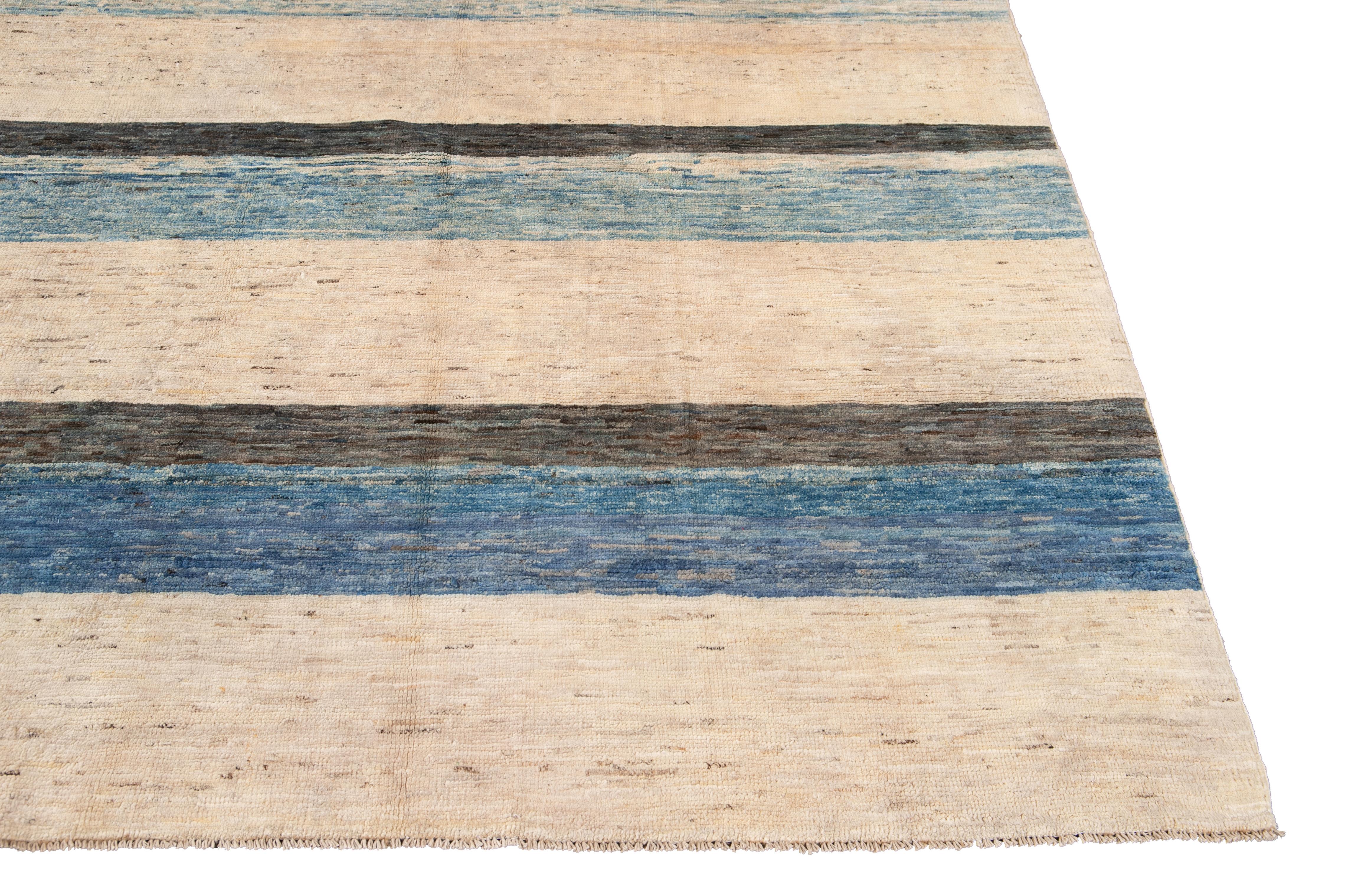 Modern Moroccan-Style Striped Room Size Wool Rug For Sale 7