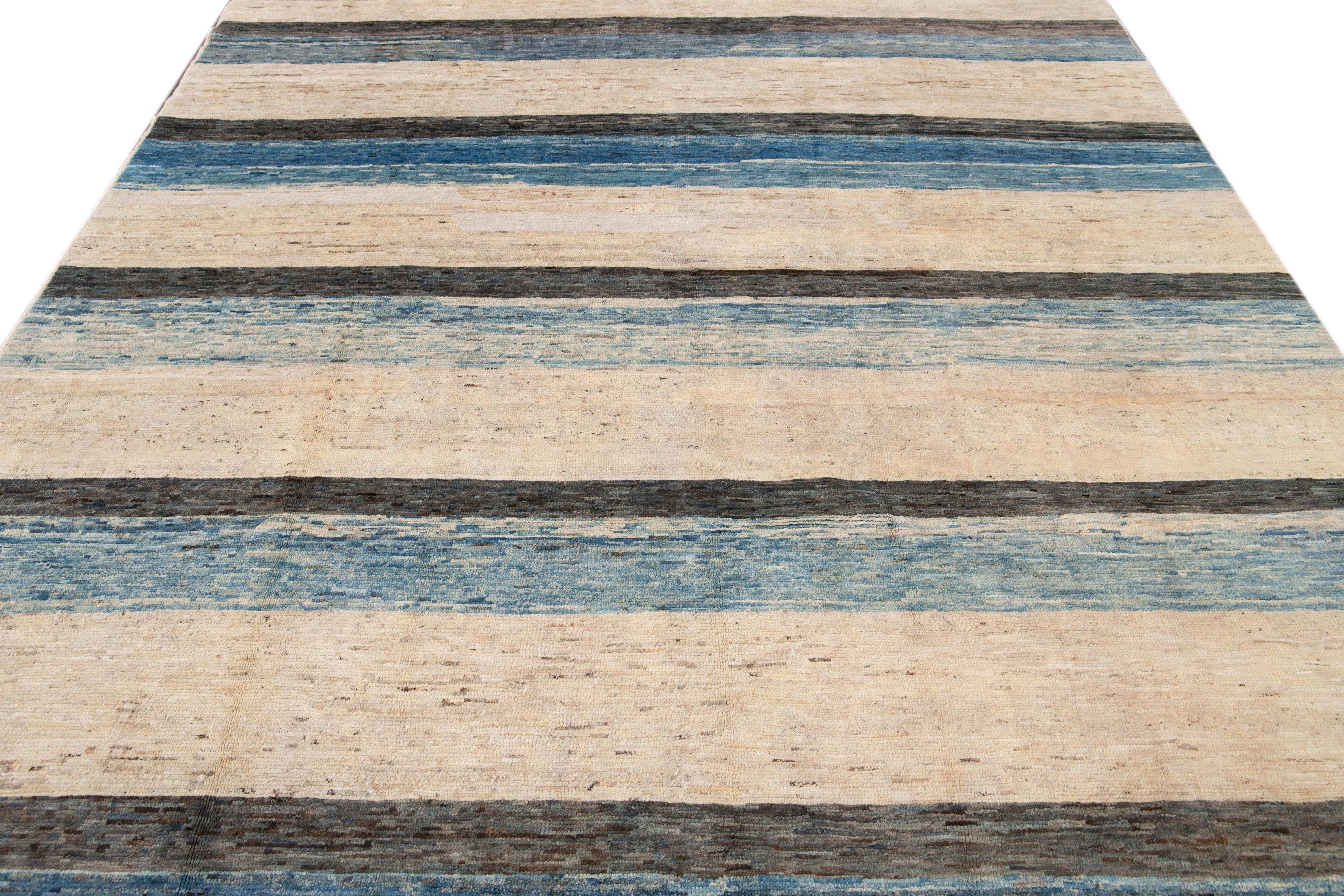 Modern Moroccan-Style Striped Room Size Wool Rug For Sale 9